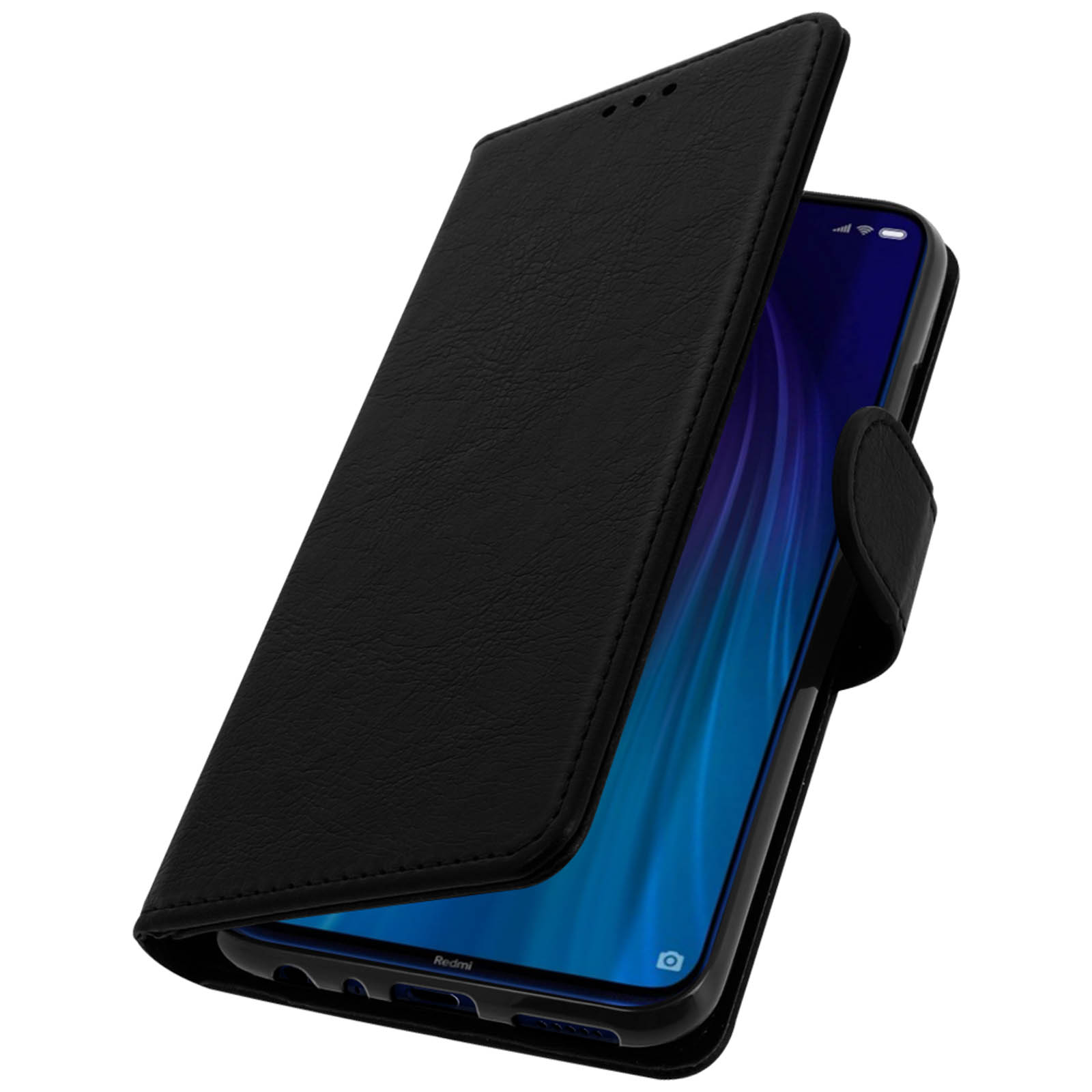 Un étui de téléphone noir est ouvert, avec le téléphone à l'intérieur. C'est sur fond blanc.