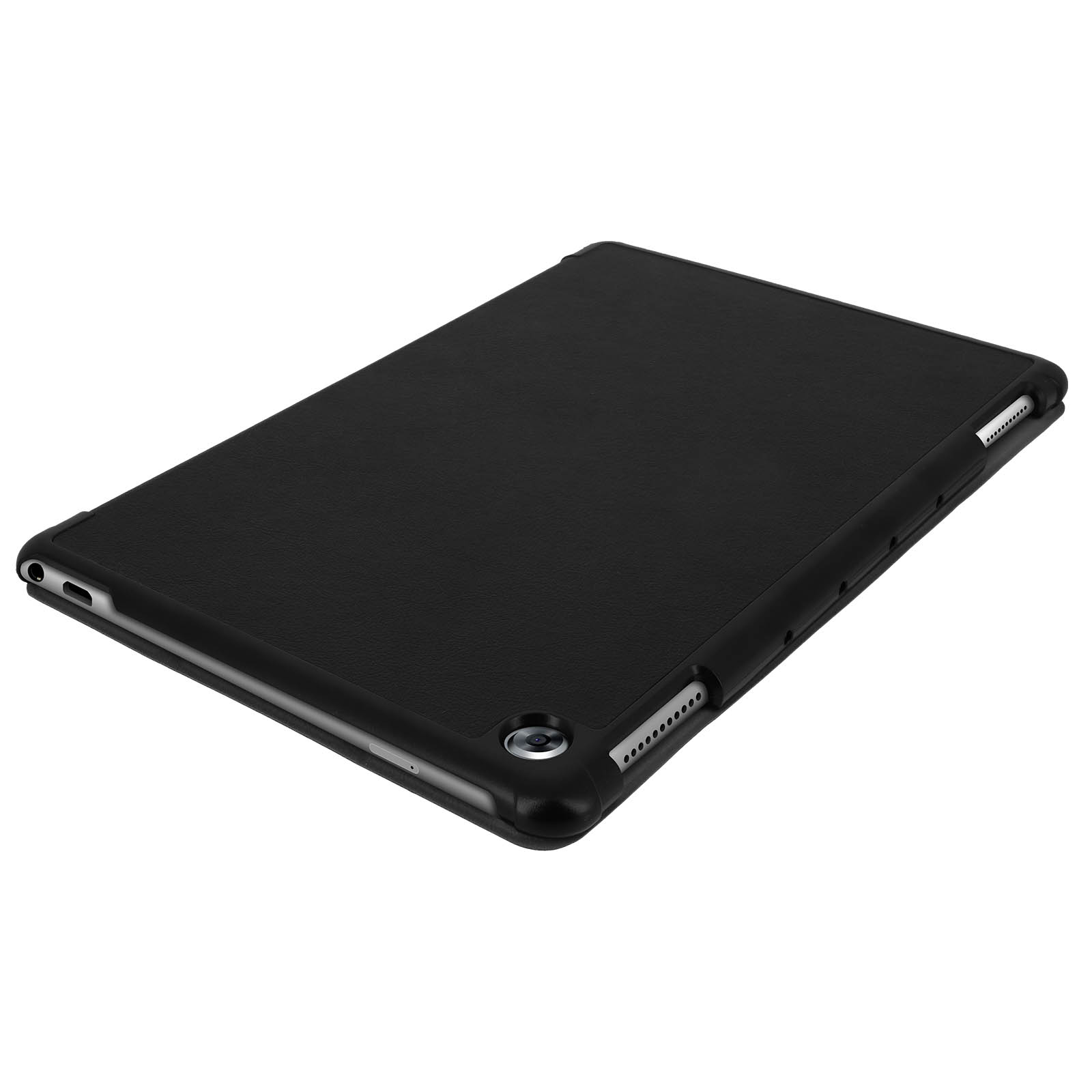 Custodia nera per tablet. La custodia ha un foro per la fotocamera e fori per l'altoparlante. È chiusa.