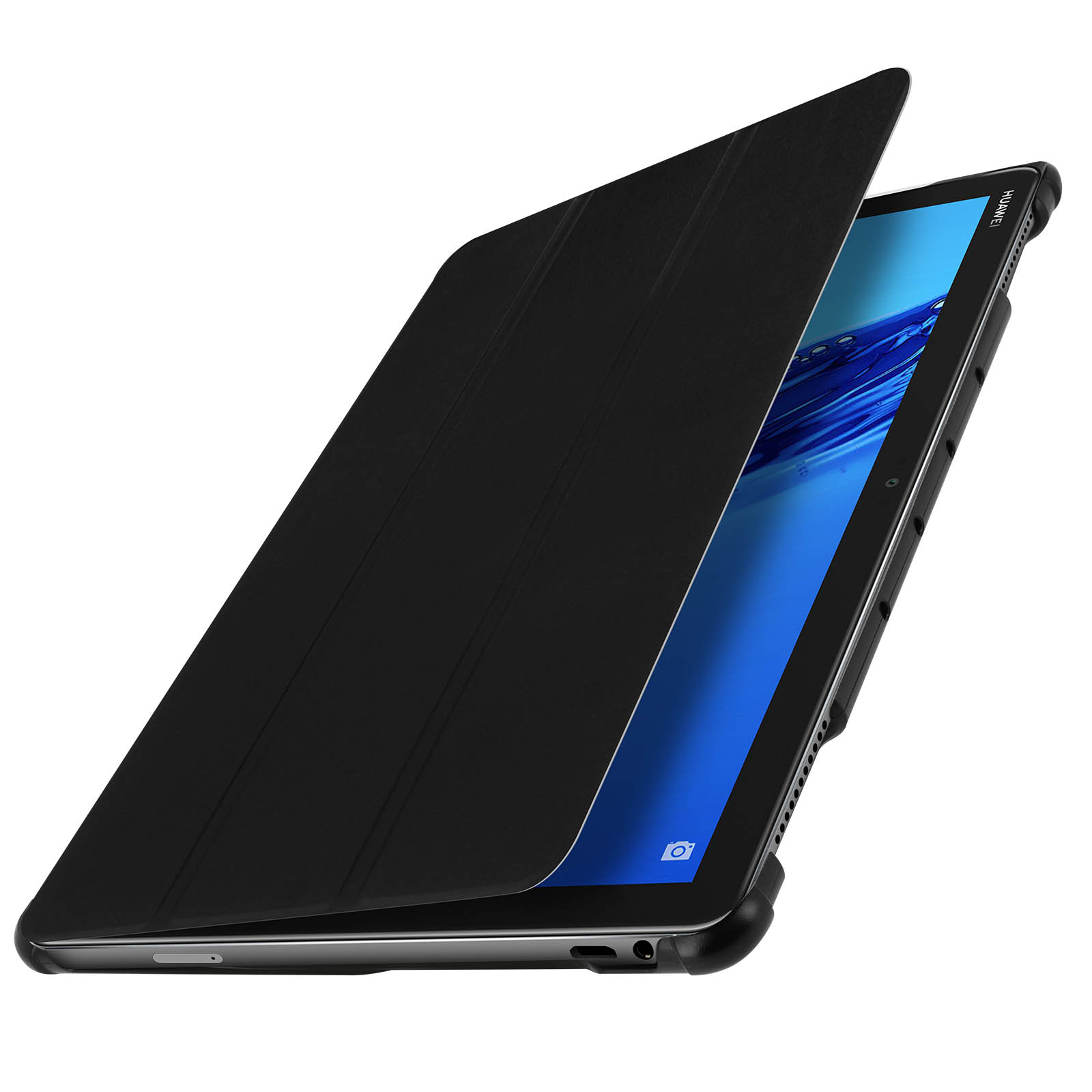 Custodia nera per tablet con coperchio aperto. È visibile uno schermo blu. Lo sfondo è bianco.