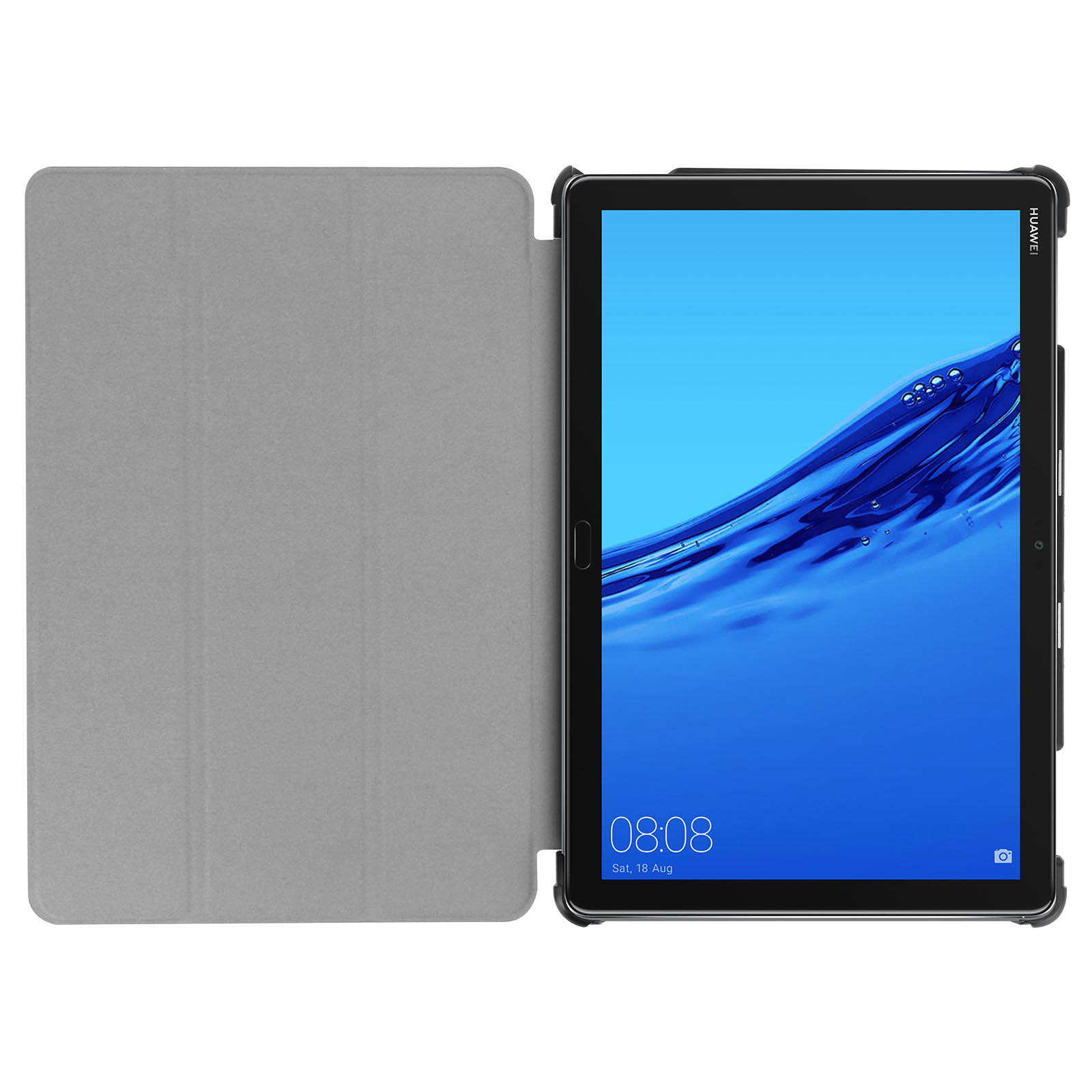 Un tablet in una custodia. La custodia è aperta, mostrando lo schermo. L'ora è 08:08. Custodia nera, interno grigio.