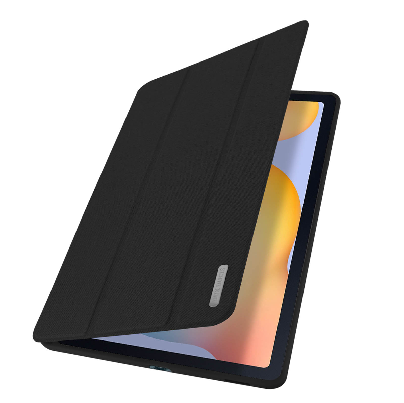 Custodia nera per tablet, parzialmente aperta, che mostra lo schermo del tablet. Tavolo grigio.