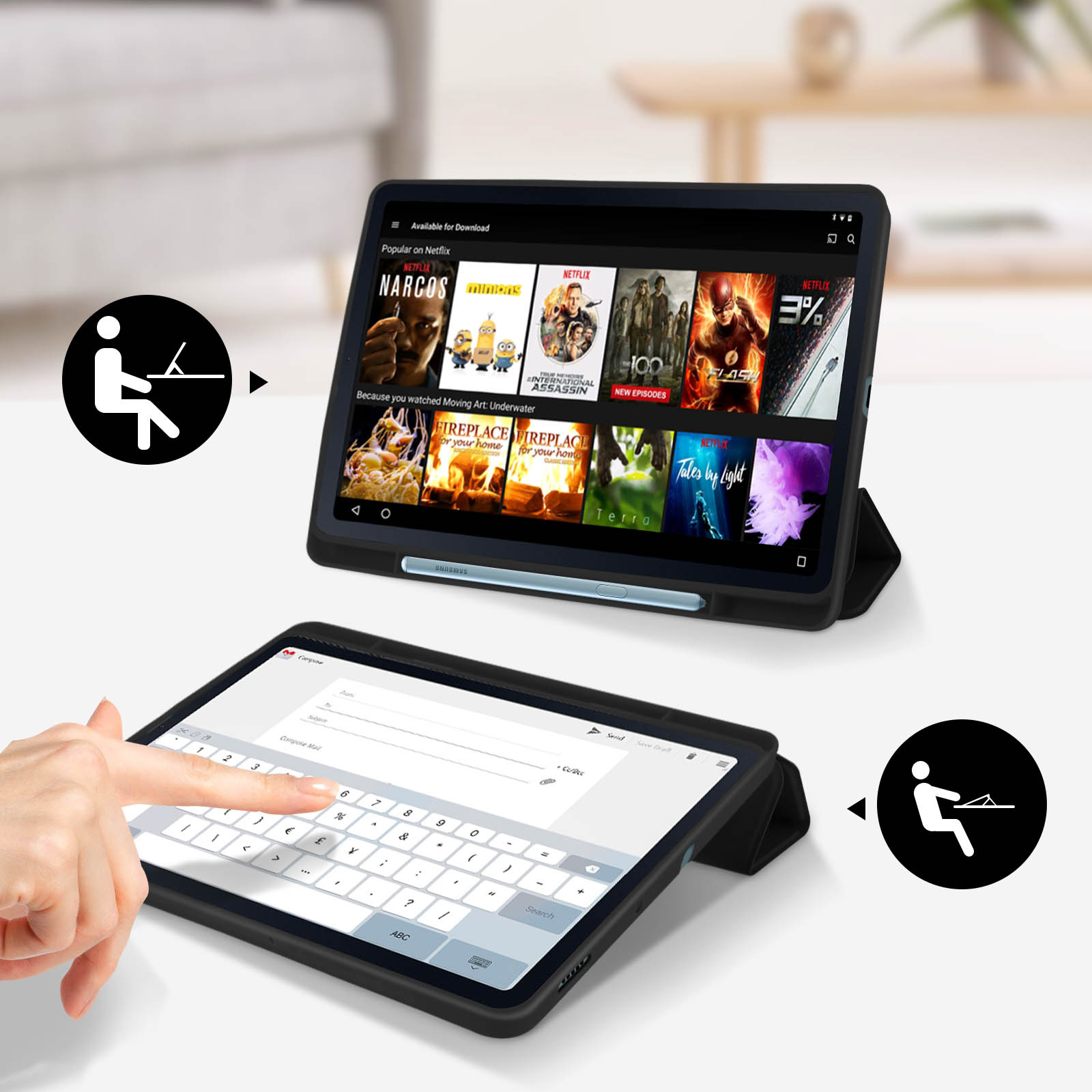 Due tablet, uno che digita e uno che mostra Netflix. Frecce indicano l'interazione dell'utente.