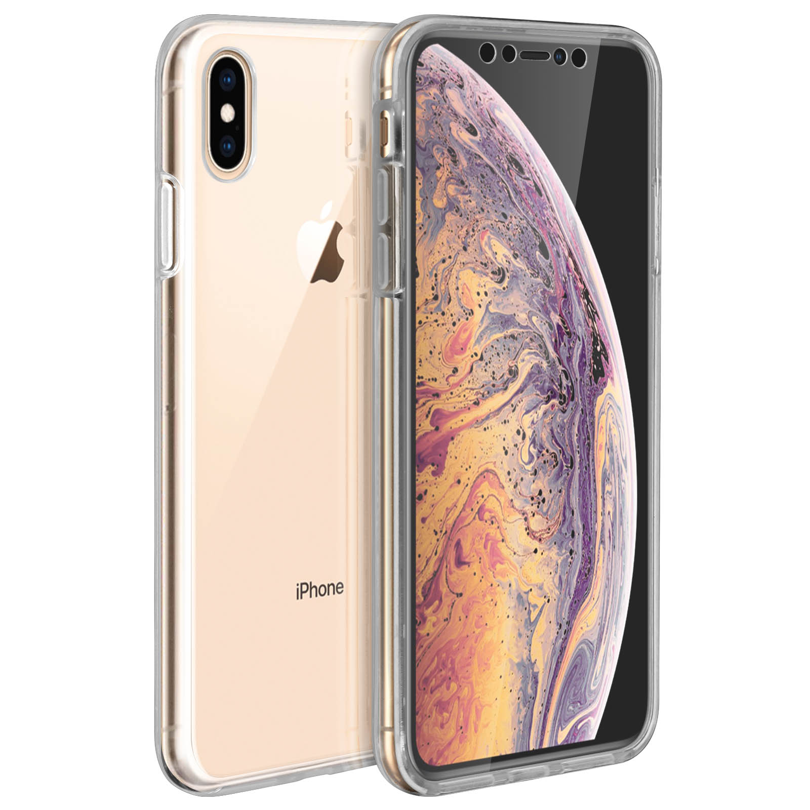 Due custodie trasparenti per iPhone. Una a sinistra, una a destra che mostra lo schermo.