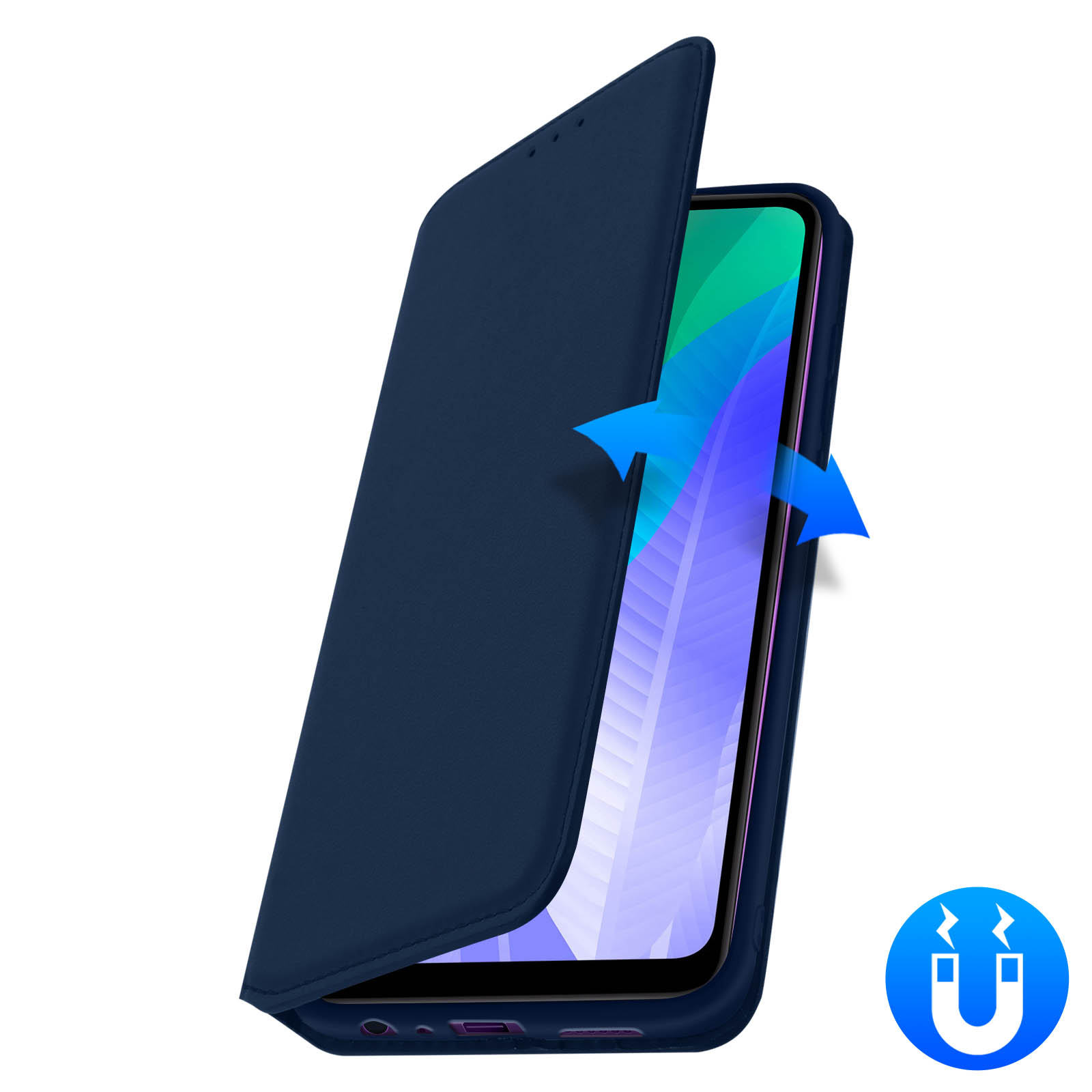Una custodia blu con il coperchio aperto, che mostra lo schermo di un telefono con un design colorato.