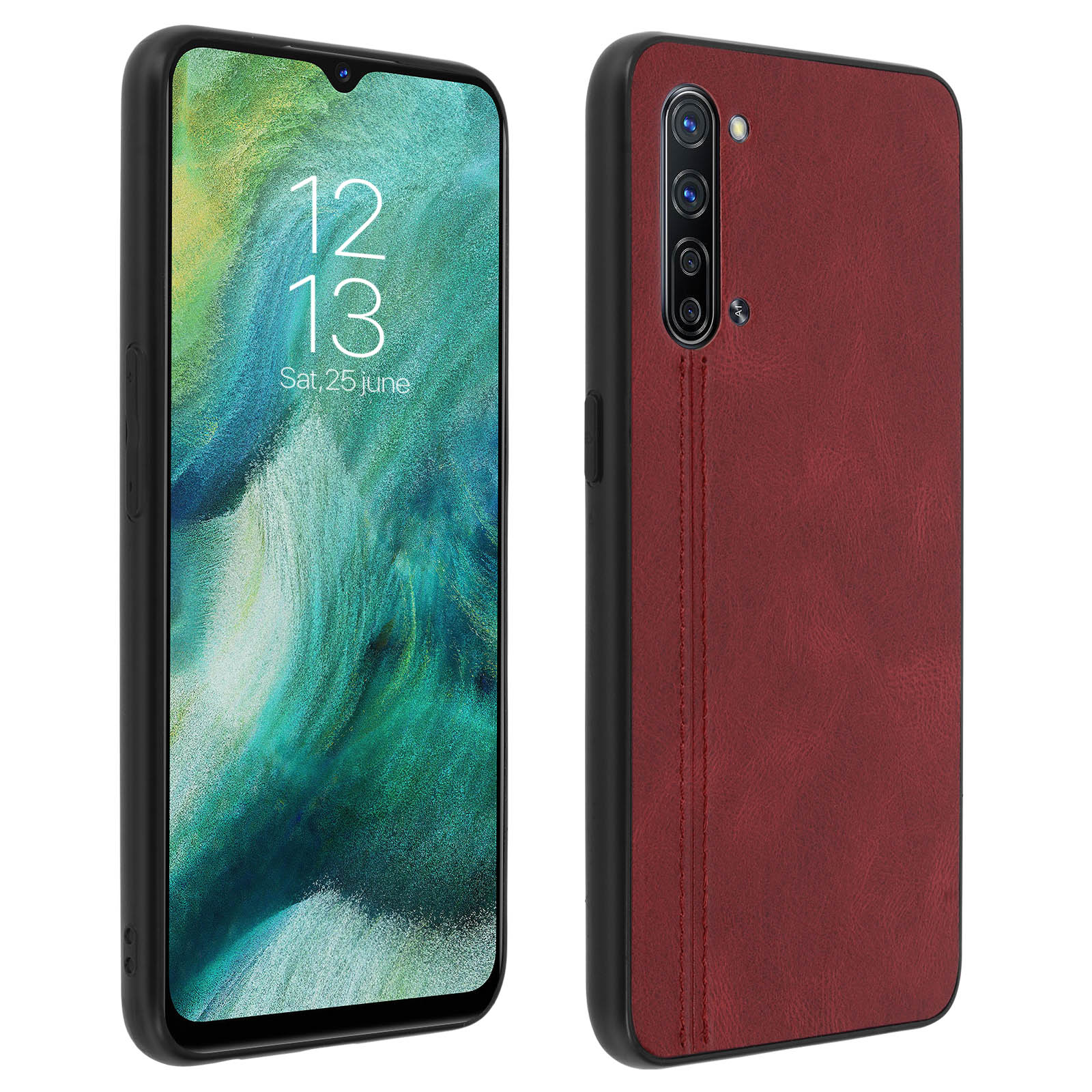 Una custodia rossa con telefono dentro. Lo schermo mostra data e ora.