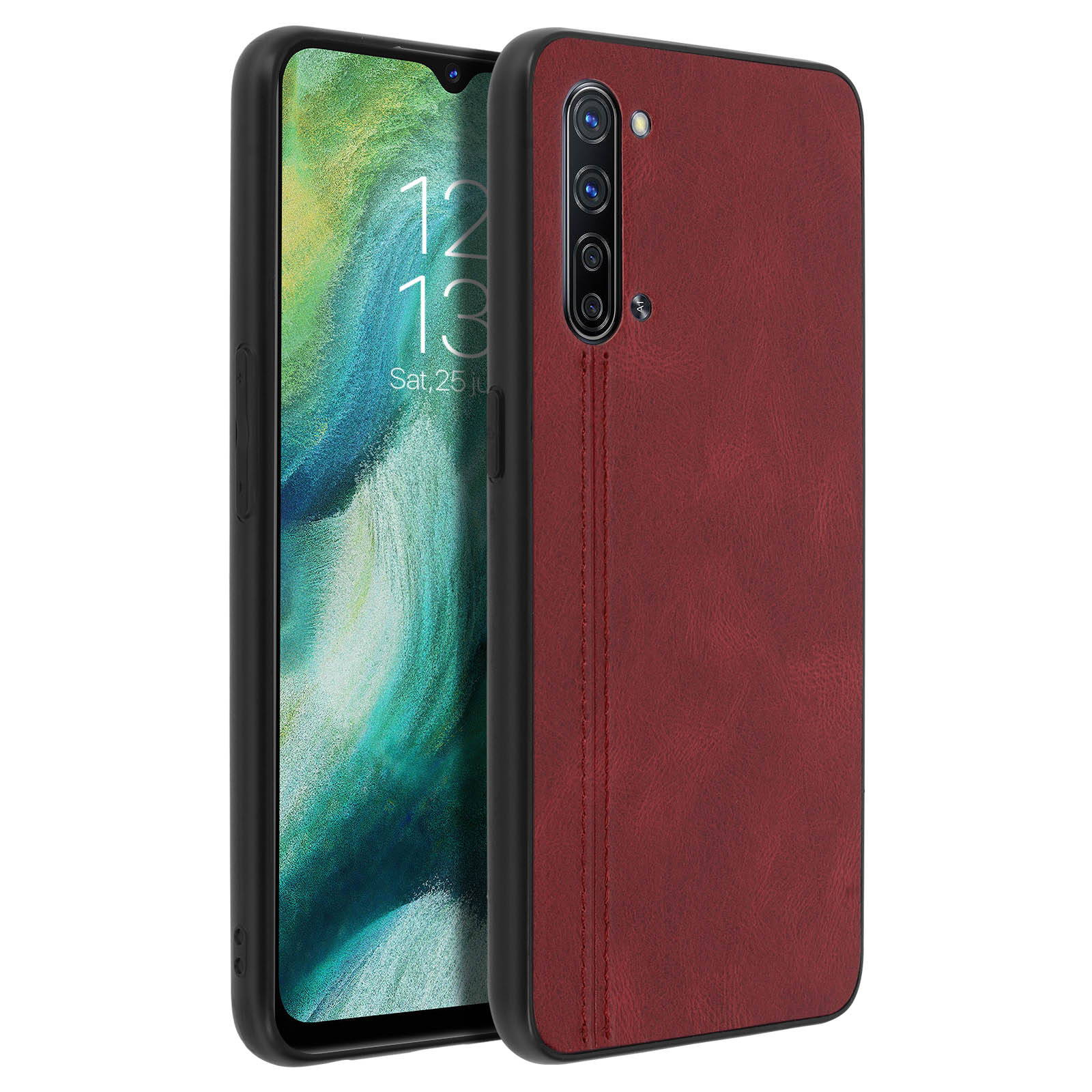 Telefono e custodia rossa. Il telefono visualizza l'ora. La custodia è rossa e ha una cucitura.