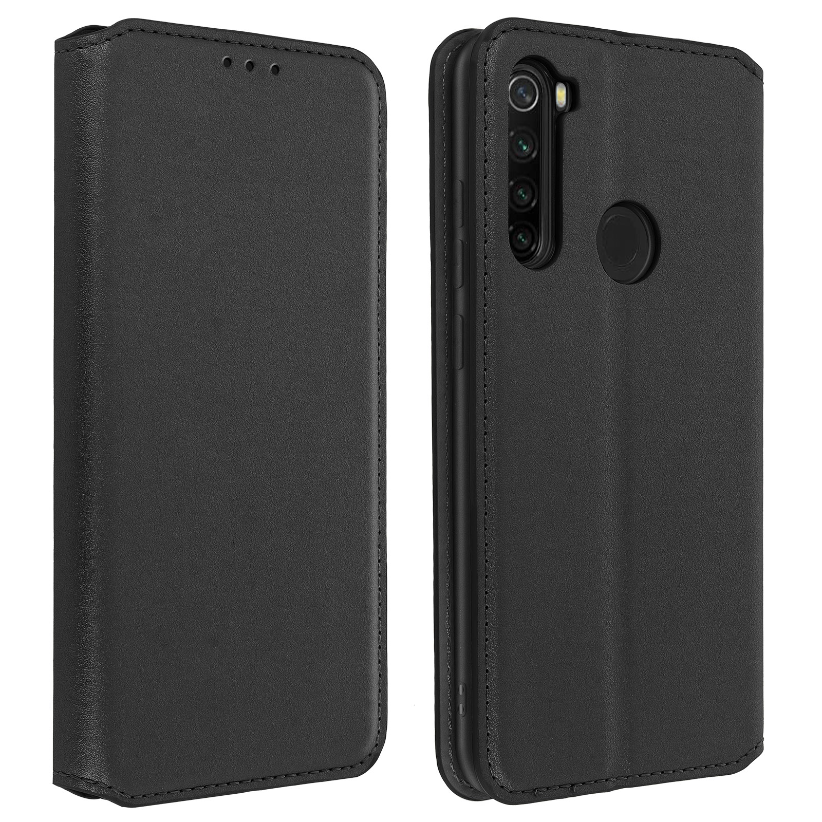 Étui de téléphone noir, fermé et ouvert. L'étui ouvert révèle l'arrière du téléphone et la caméra.