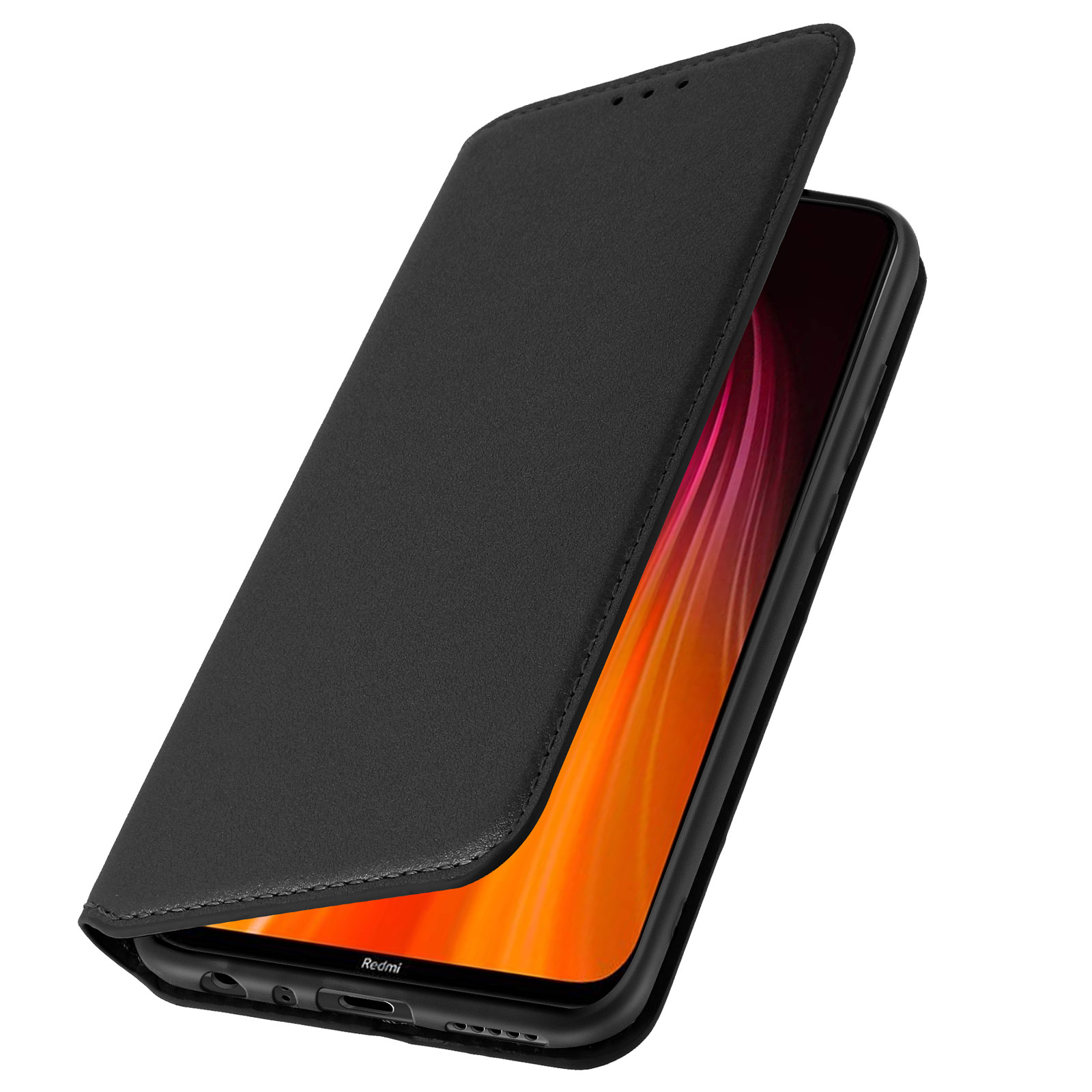 Un téléphone noir dans un étui noir, ouvert, montrant l'écran et le logo Redmi.