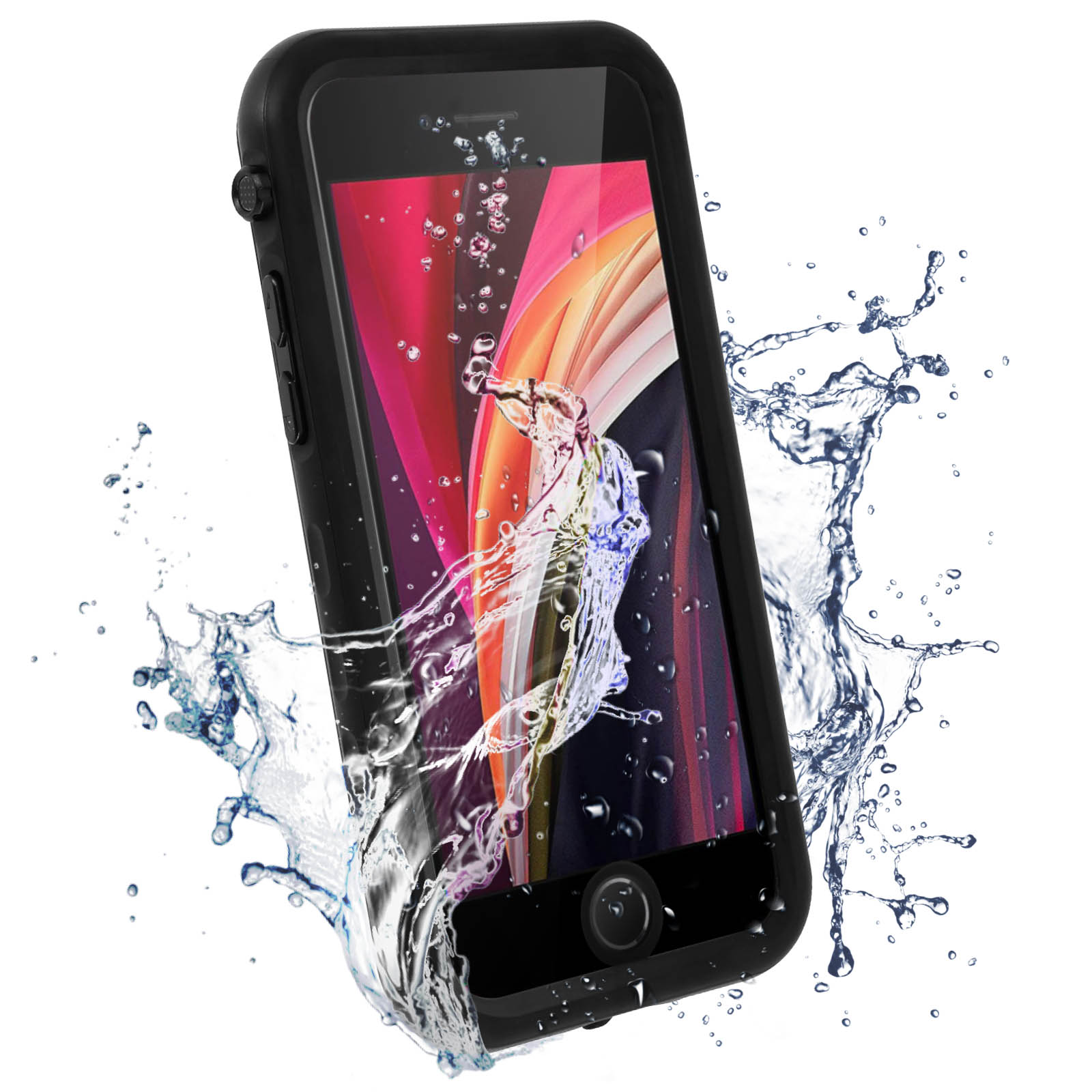 Un telefono nero in una custodia con acqua che schizza intorno. Lo sfondo è bianco.