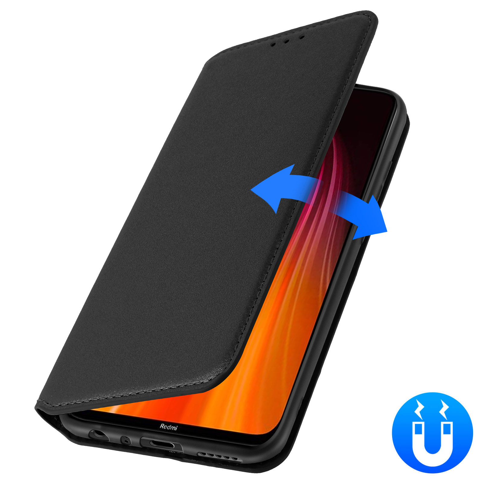 Un étui de téléphone noir avec un téléphone à l'intérieur. Des flèches indiquent l'ouverture/fermeture.