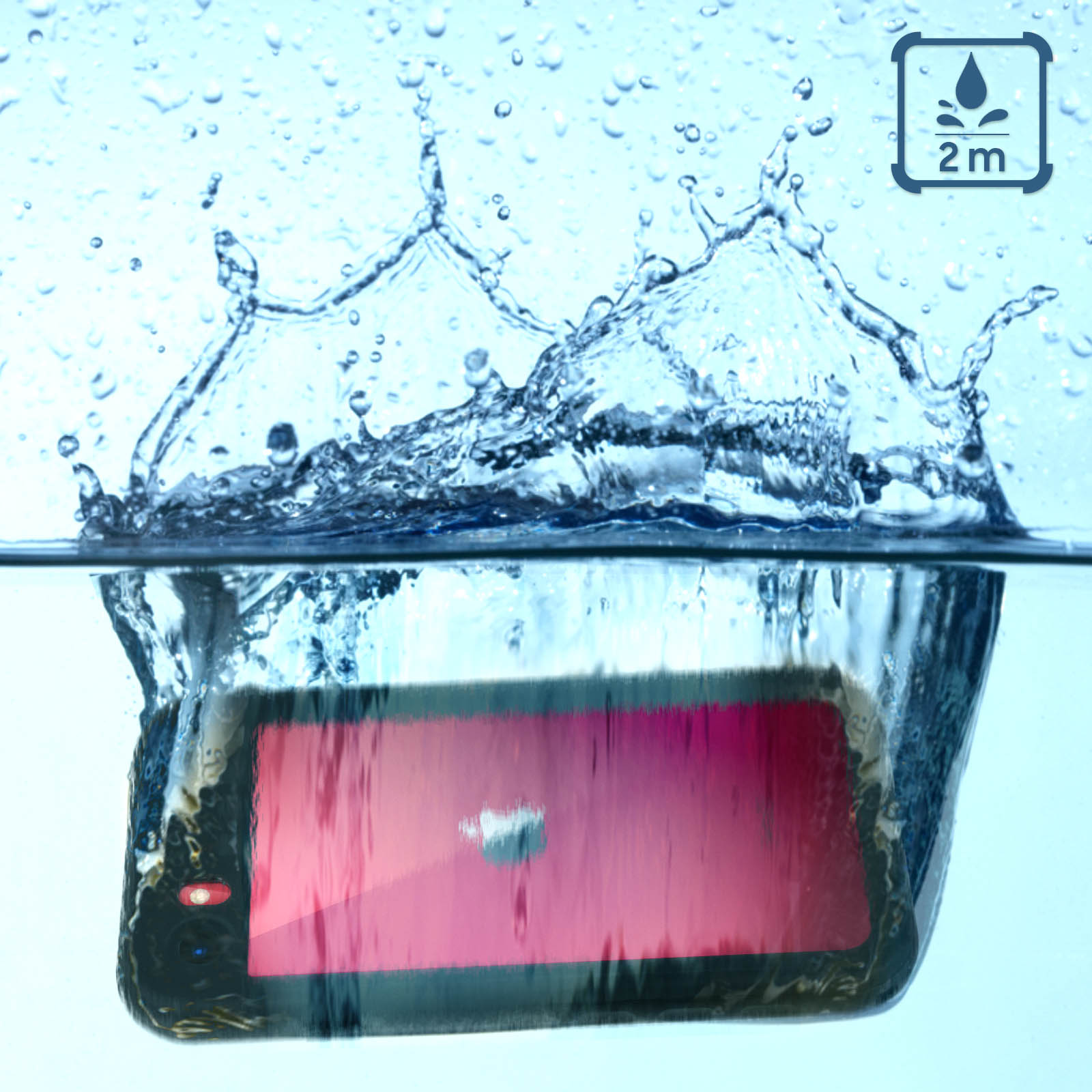 Telefono sommerso nell'acqua, con schizzi. Indicatore profondità: 2m. Schermo rosso.