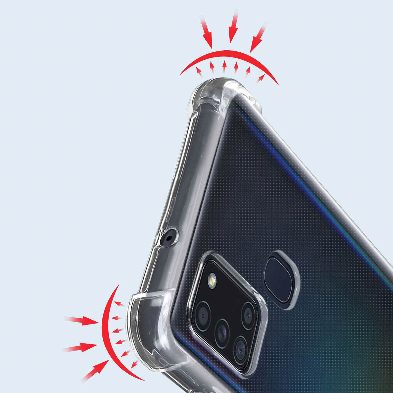 Custodia trasparente sul telefono, frecce mostrano protezione. Frecce rappresentano assorbimento urti su sfondo blu chiaro.