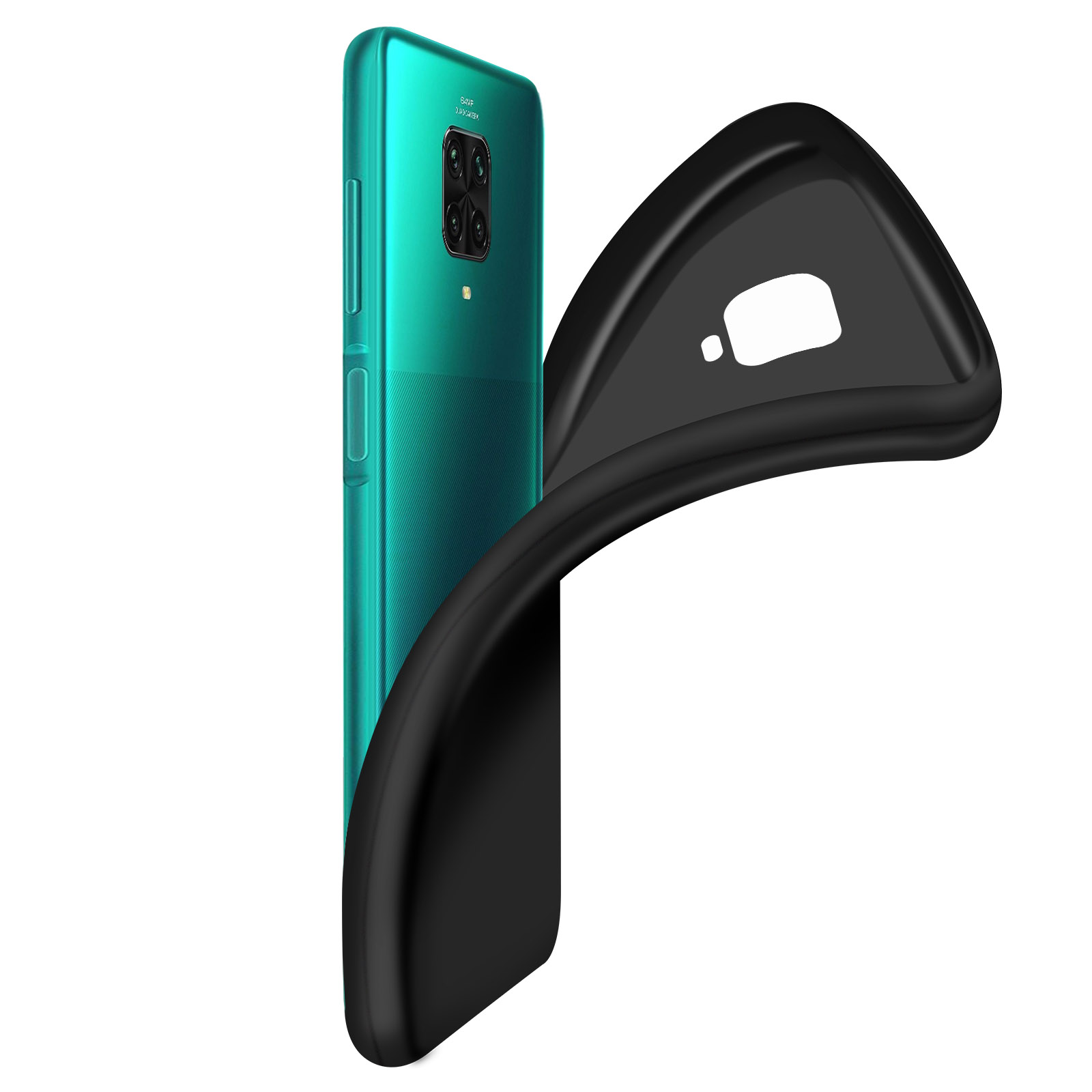 Een groene telefoon zit in een zwarte hoes. De hoes is gebogen en toont de binnenkant.