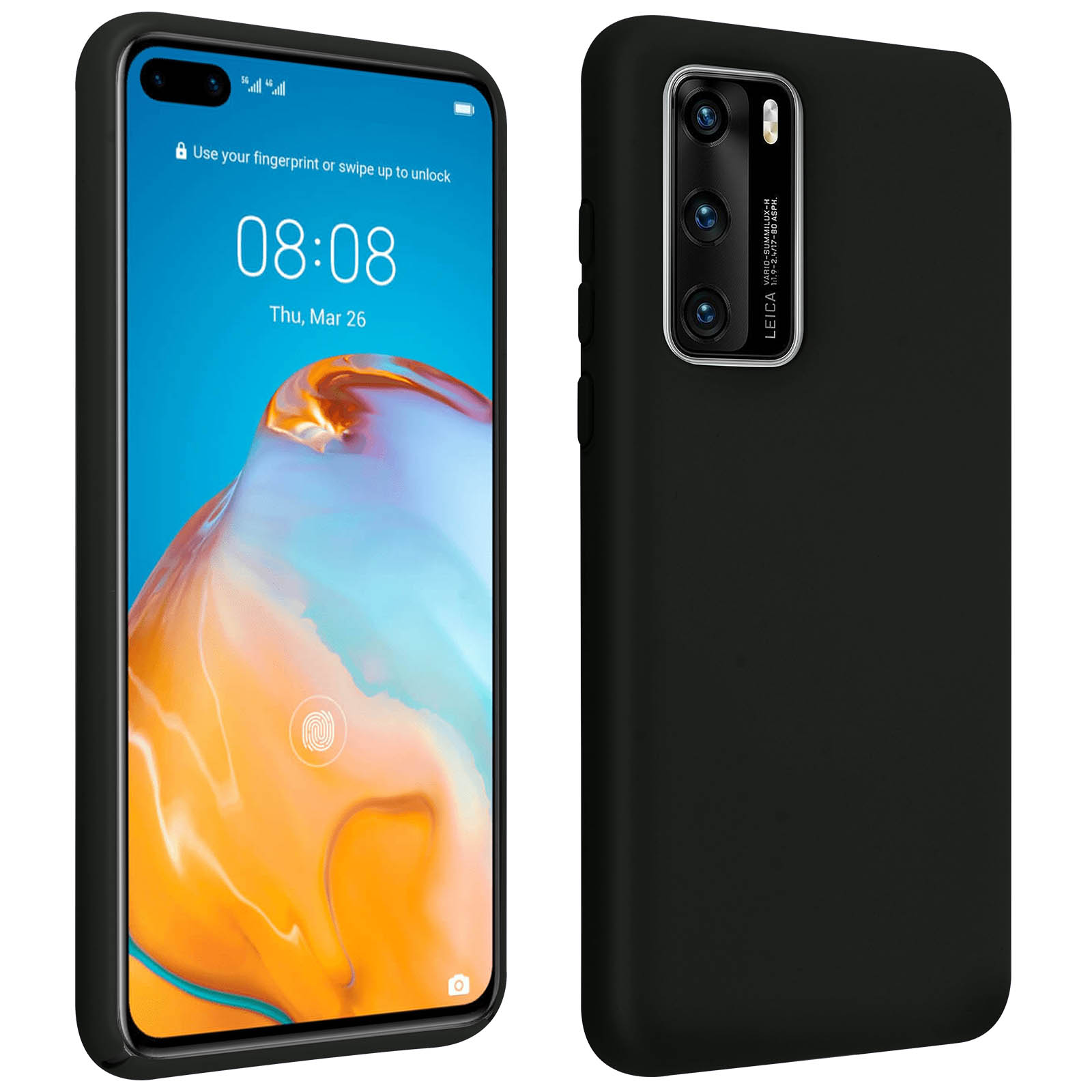Zwarte telefoon met een zwarte hoes. De telefoon staat aan, de tijd wordt getoond.