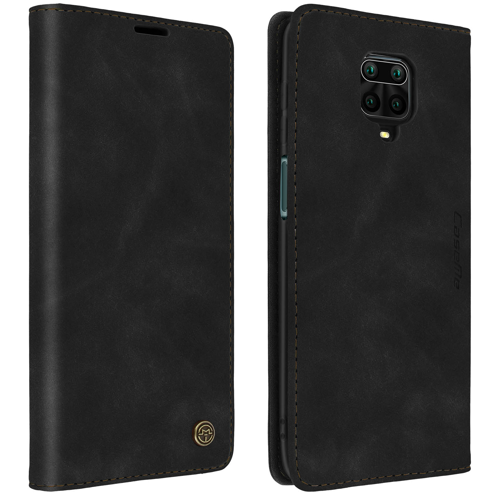 Custodia nera per telefono. La custodia è a flip in pelle. Il telefono è dentro, fotocamera visibile.