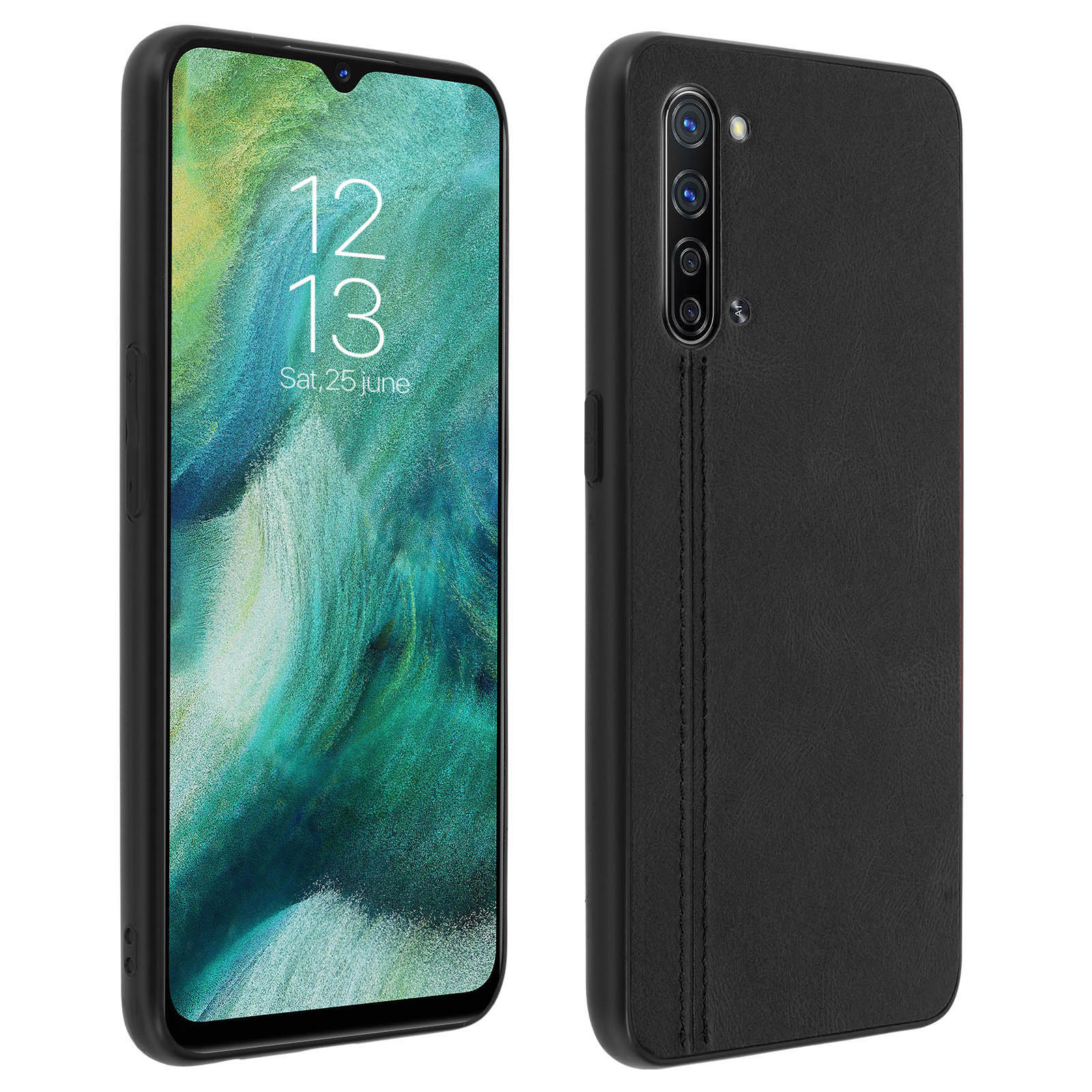 Telefono nero con custodia nera. Lo schermo mostra data e ora.