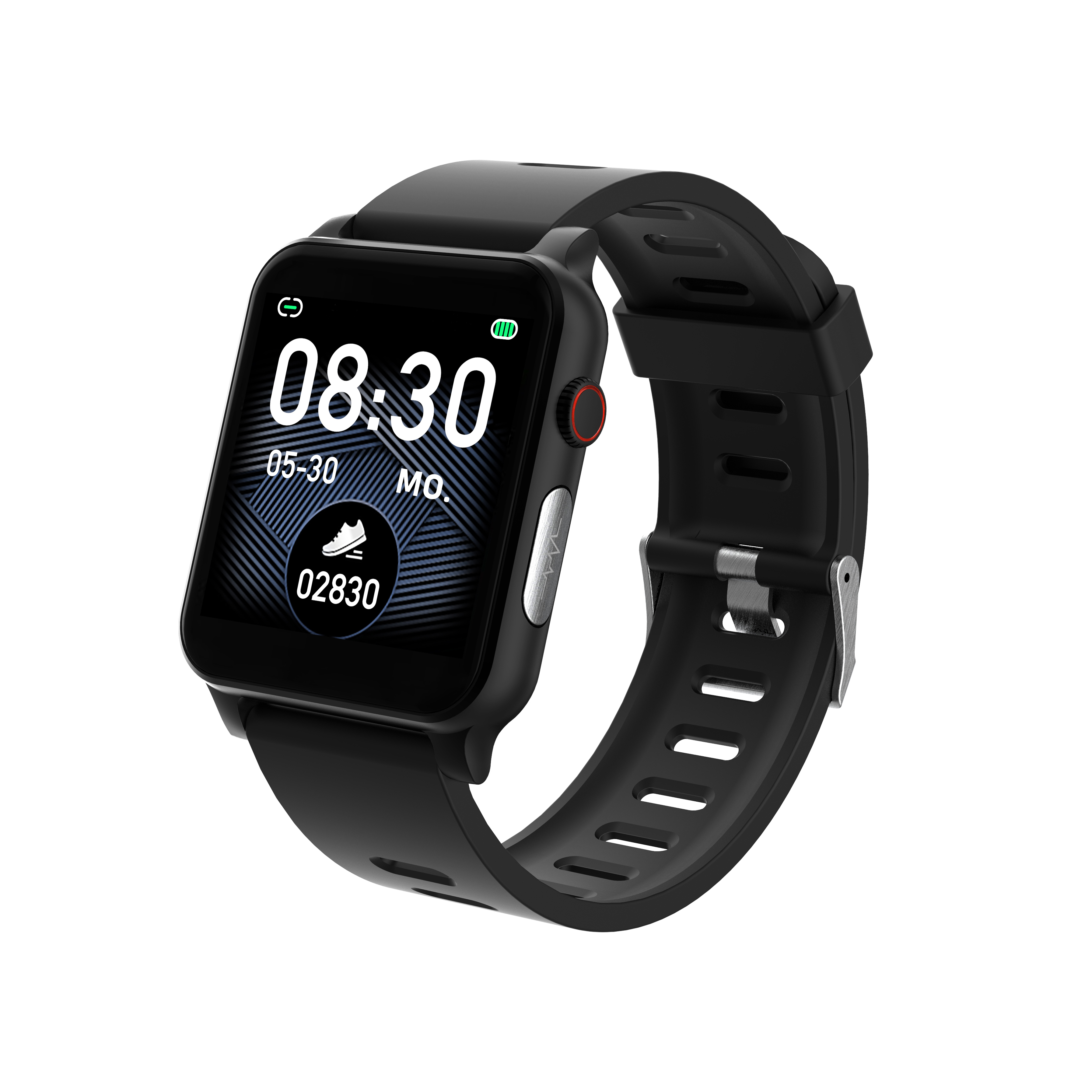 Schwarze Smartwatch mit digitaler Anzeige von 08:30 Uhr und Schrittzähler.