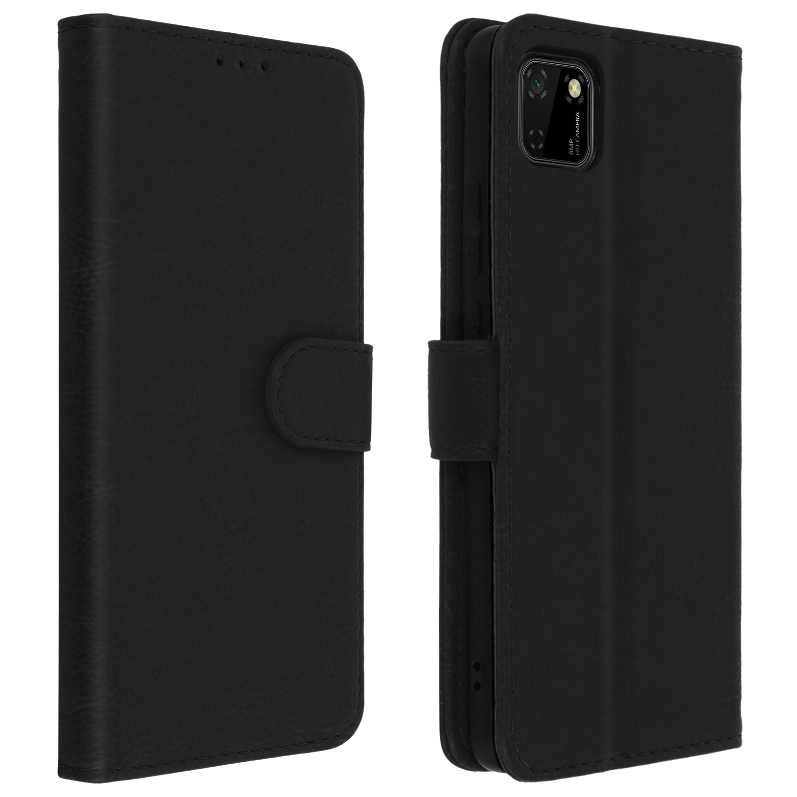 Zwarte telefoonhoes met een camerahole. De hoes is een portemonnee-stijl. De telefoon is zwart.