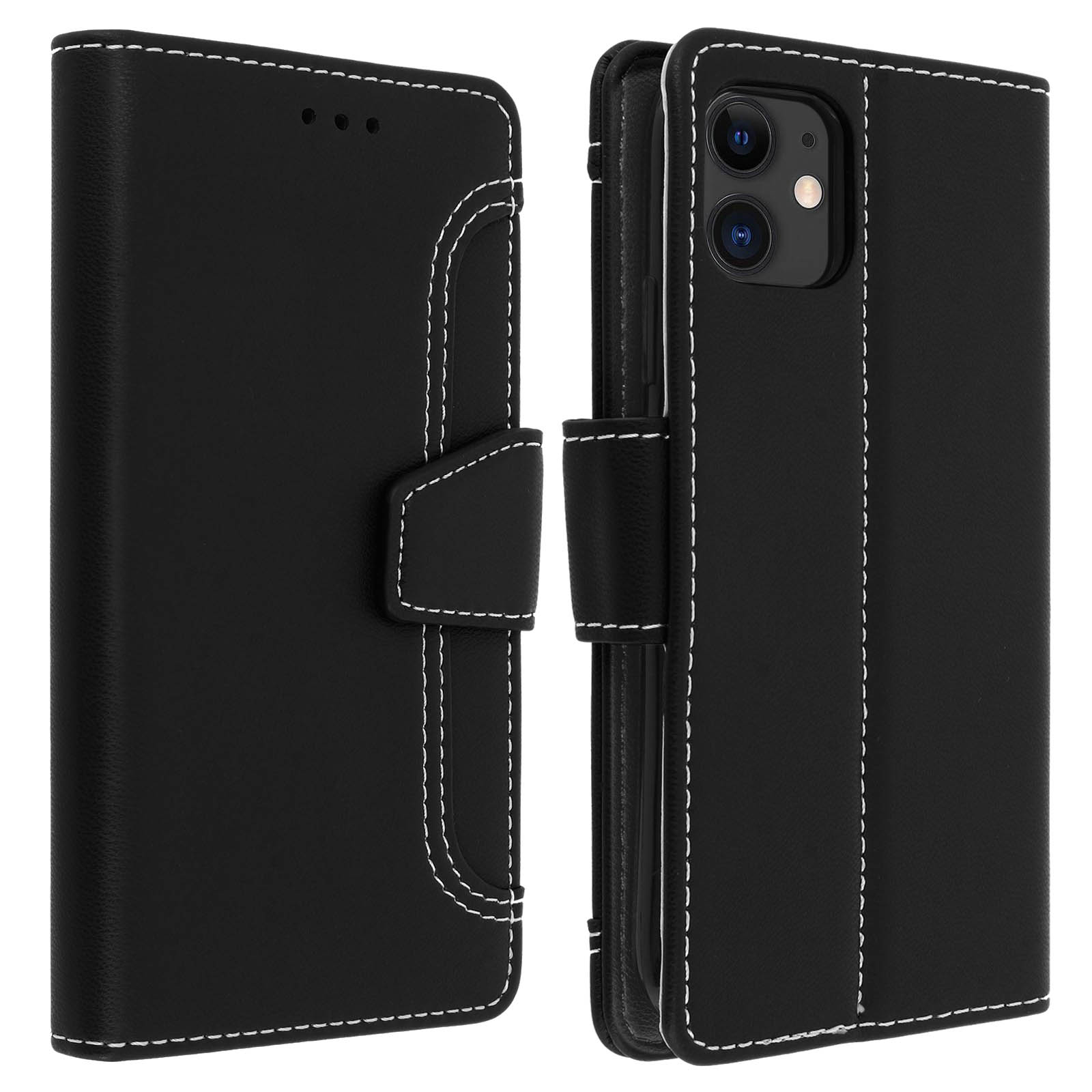 Custodia per telefono in pelle nera con cuciture bianche. Ha una chiusura magnetica e slot per schede.