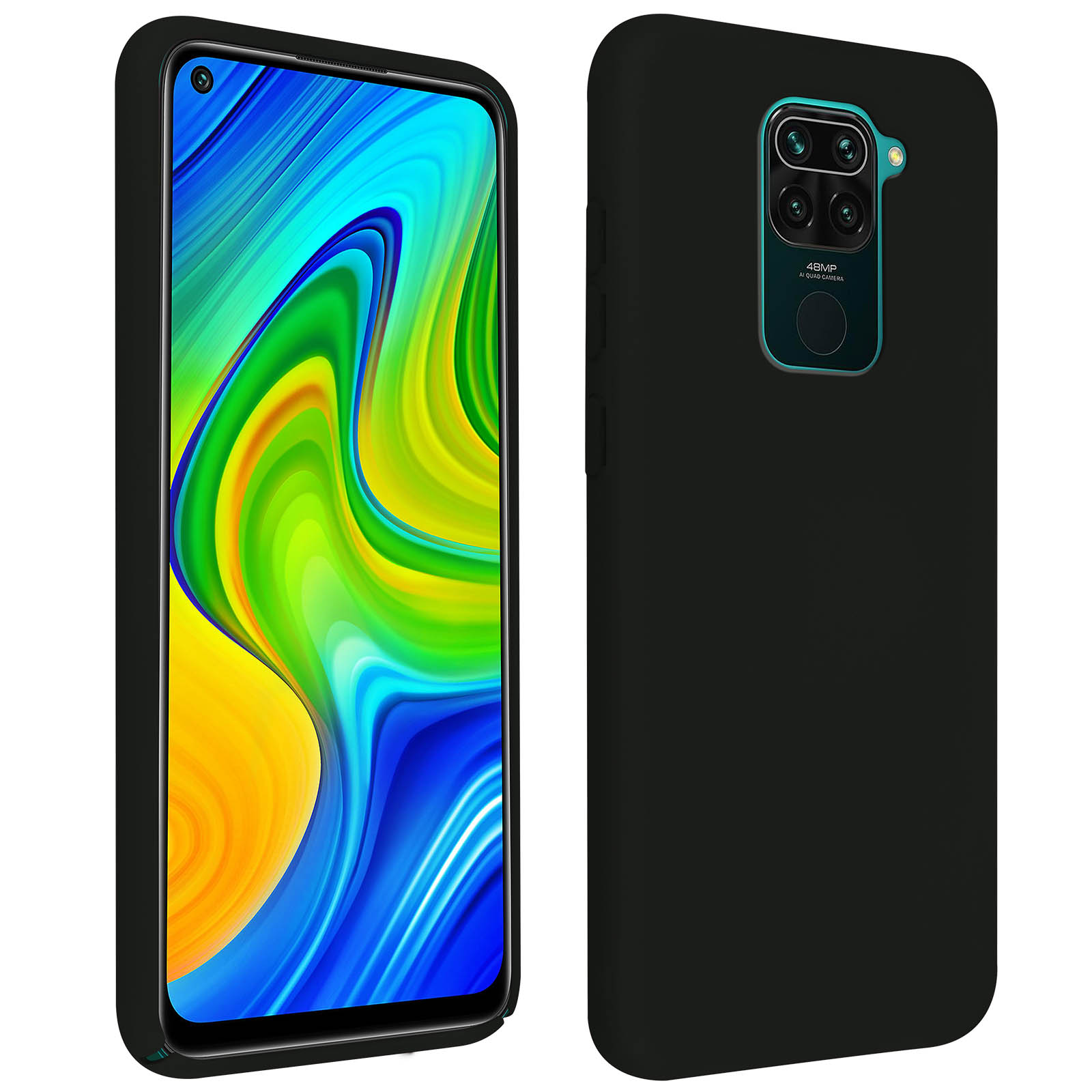 Zwarte telefoonhoes. De telefoon heeft een zwarte hoes. De hoes is eenvoudig en strak. De telefoon heeft een kleurrijk scherm.
