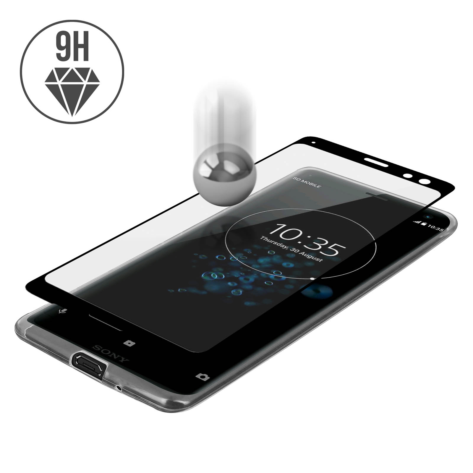 Ein Telefon mit Displayschutz. Eine Kugel fällt auf den Bildschirm zu.