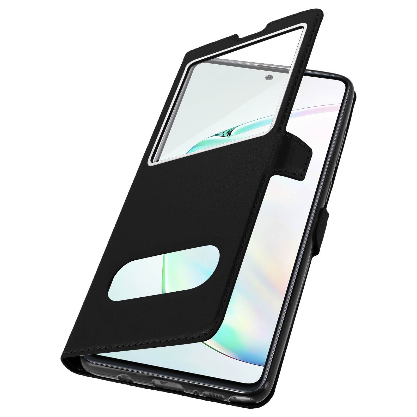 Un étui de téléphone noir avec une fenêtre transparente. L'écran du téléphone est visible, avec la caméra frontale visible.