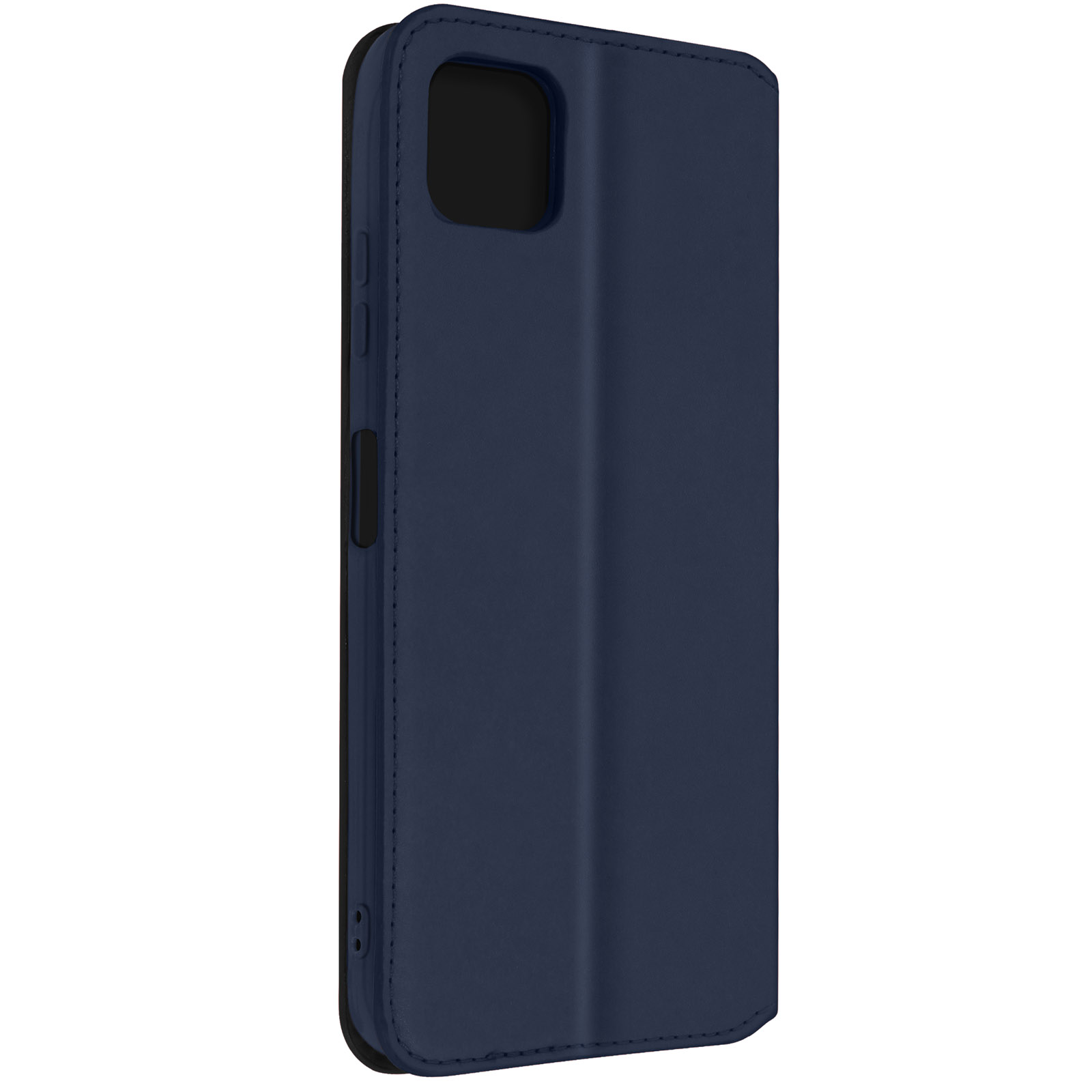 Étui de téléphone bleu foncé fermé. Vue latérale montrant boutons et coutures.
