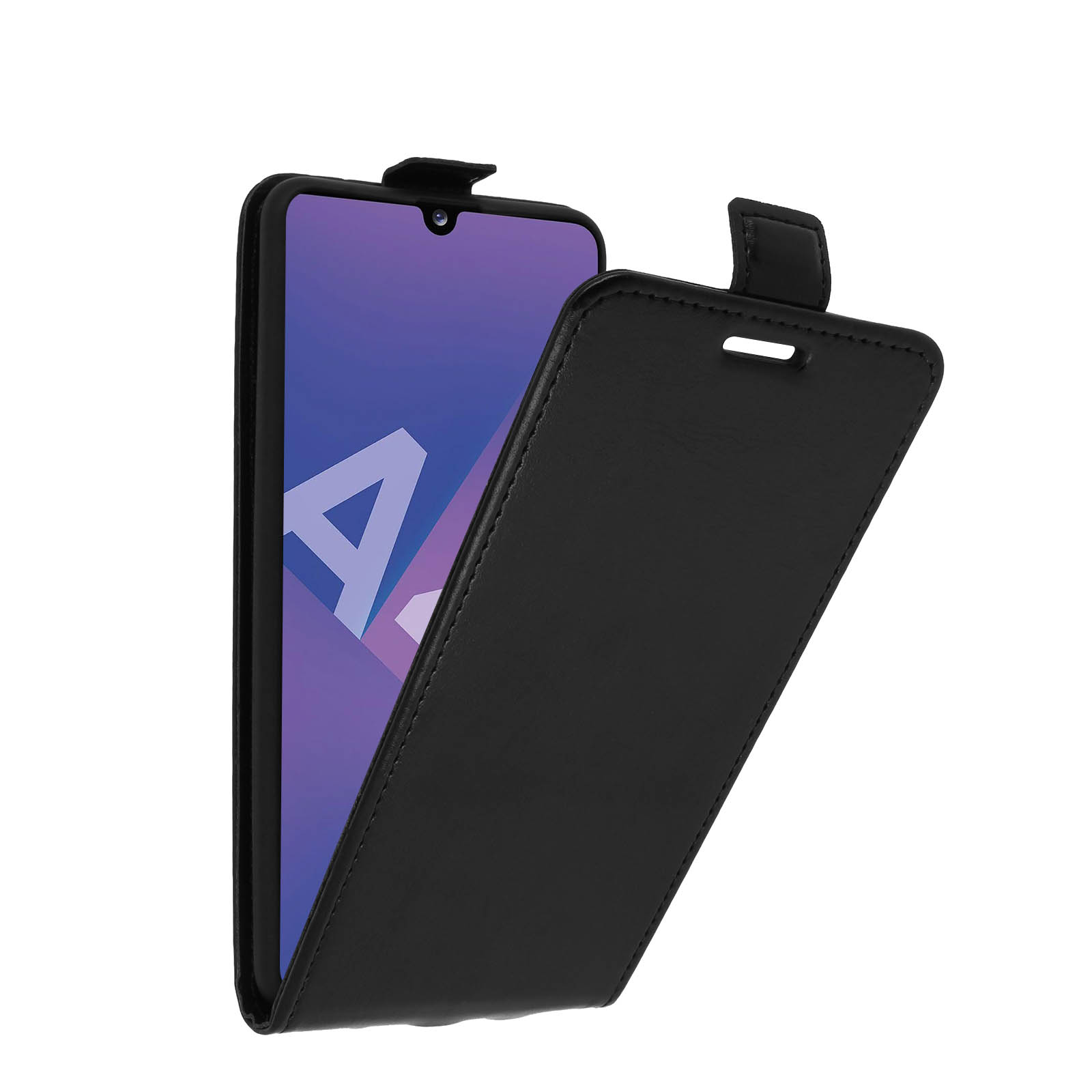 Étui de téléphone noir avec un téléphone à l'intérieur, l'étui est ouvert.