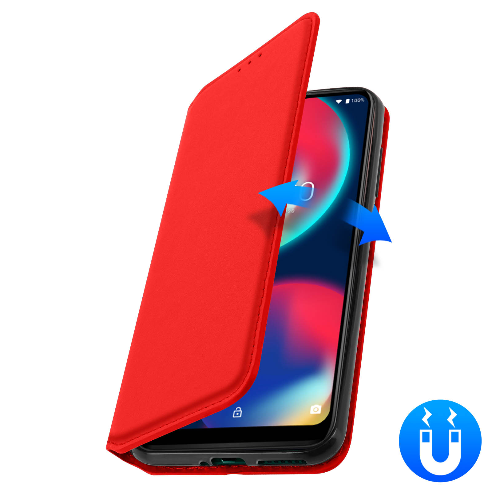 Un telefono in una custodia rossa, aperto. La copertura è aperta, rivelando il telefono.