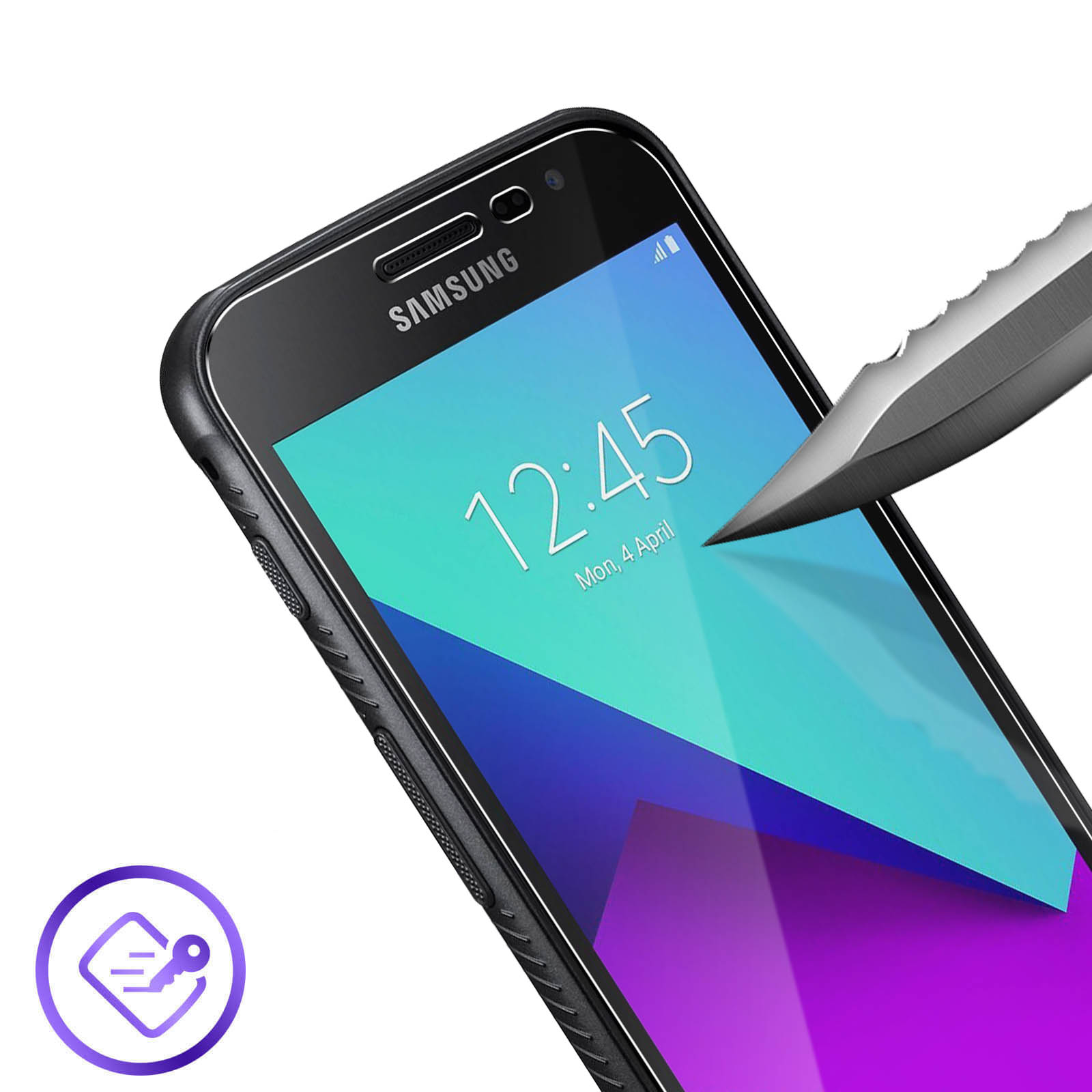 Un telefono con una protezione per lo schermo e un coltello che lo punta.