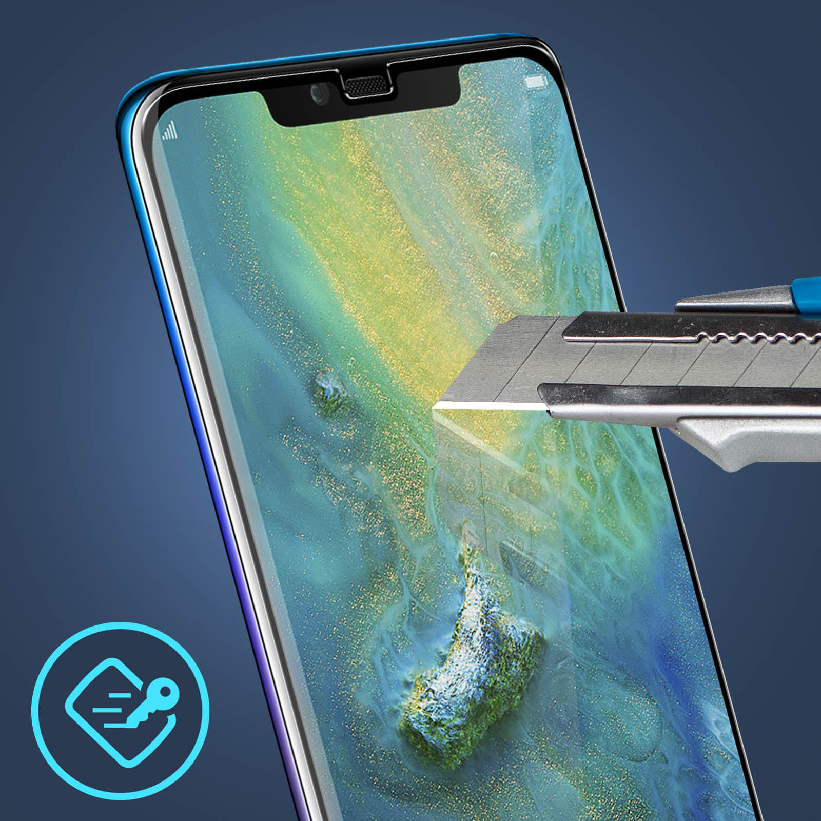 Smartphone con protezione schermo tagliata con un taglierino. Sfondo blu e scuro.