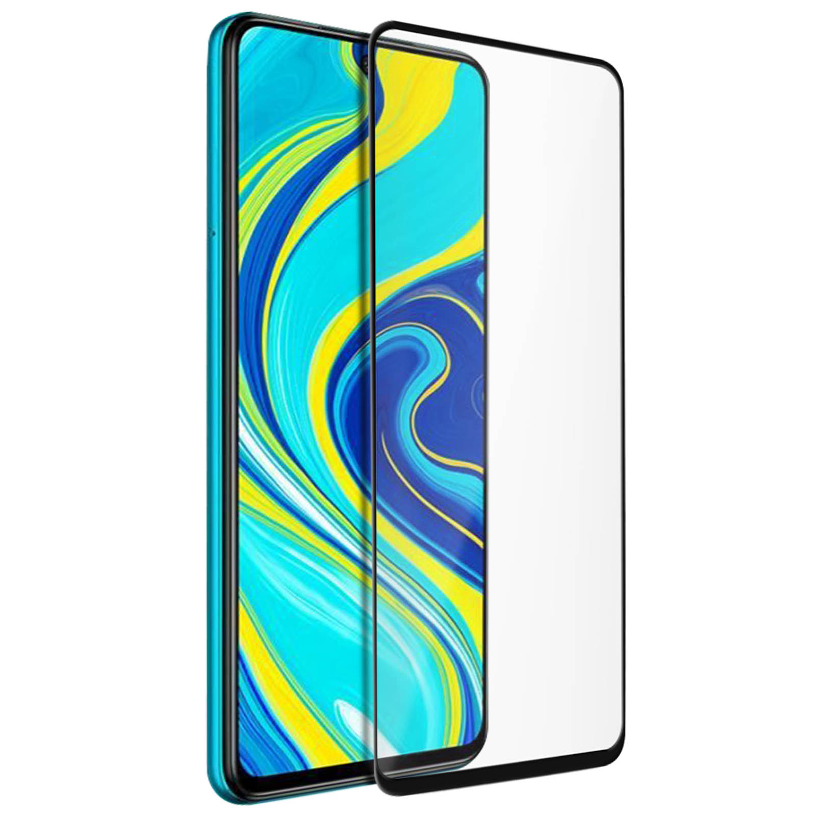 Uno smartphone con una protezione per lo schermo applicata. Il telefono ha un retro blu e uno schermo con un motivo a spirale blu e giallo.
