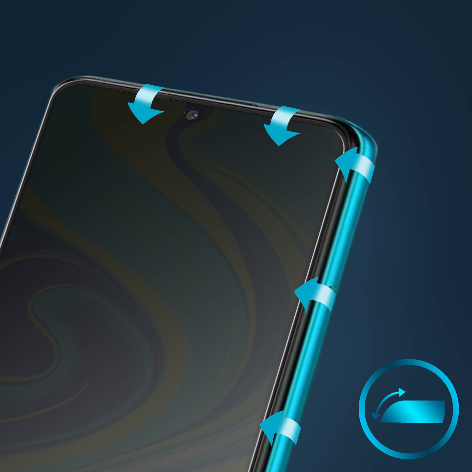 Primo piano di uno schermo del telefono con frecce blu che indicano una protezione per lo schermo. Lo sfondo è blu scuro.