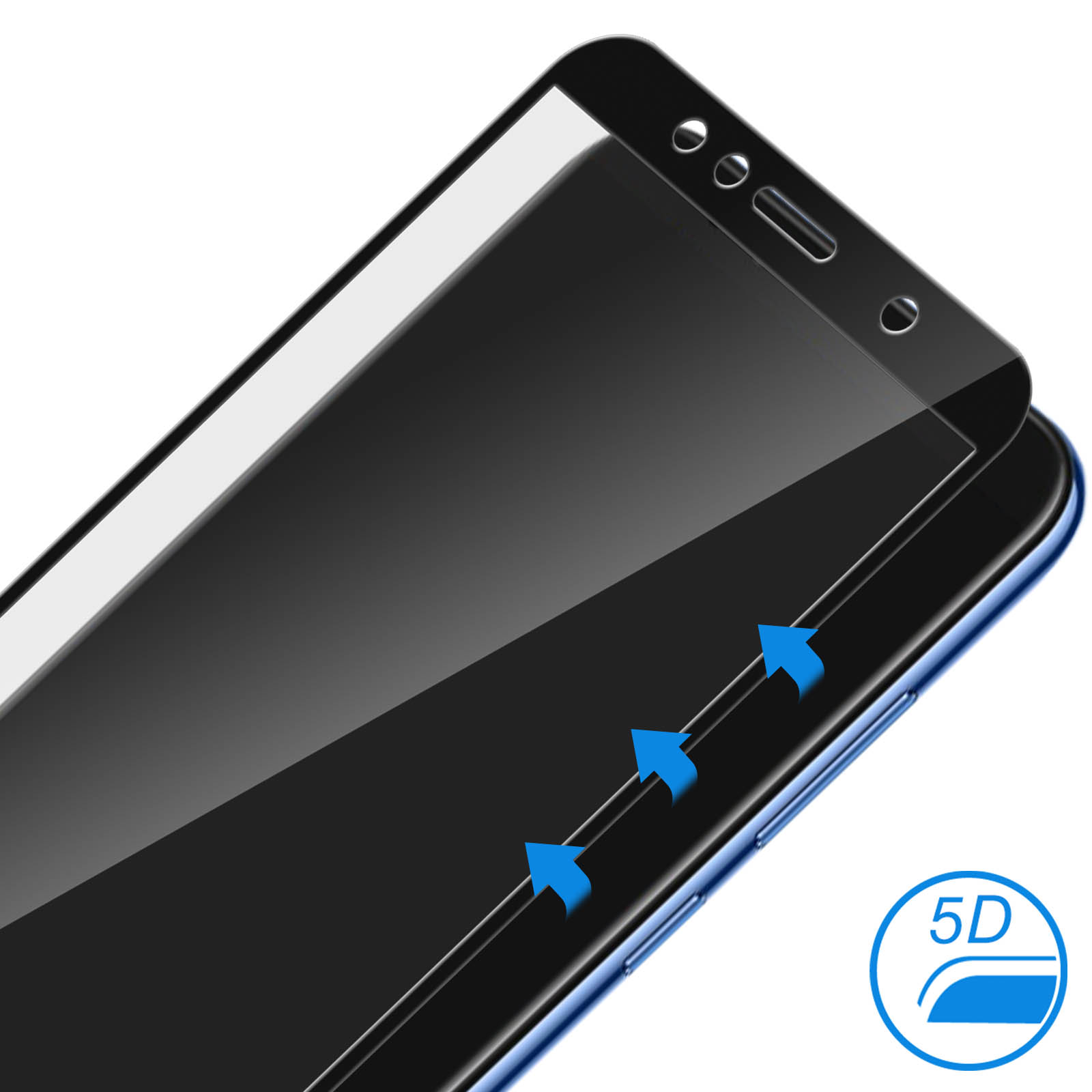 Telefono con proteggi schermo applicato, con frecce che indicano il processo di applicazione.