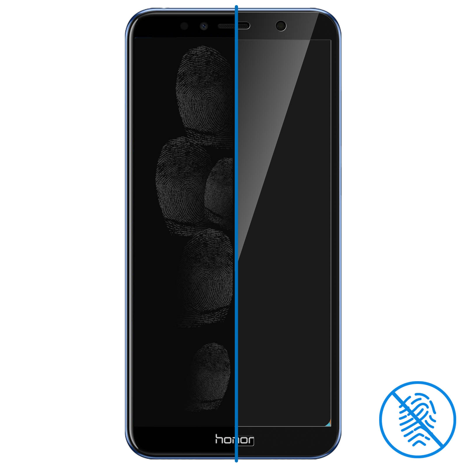 Uno smartphone nero con cornice blu. È stata applicata una protezione per lo schermo.