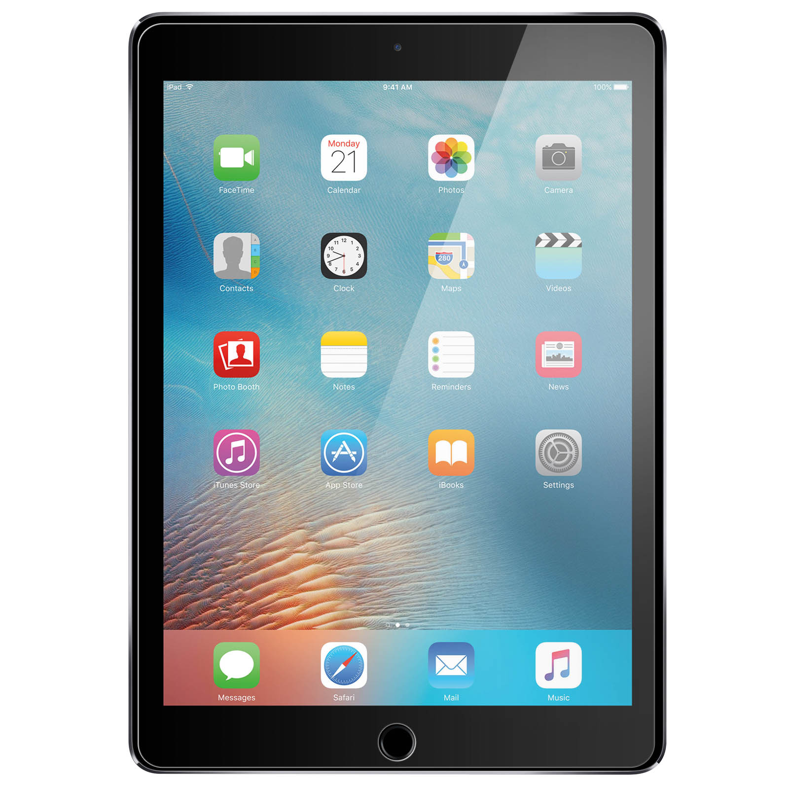 iPad con app visibili sullo schermo. Icone come calendario, foto e musica.