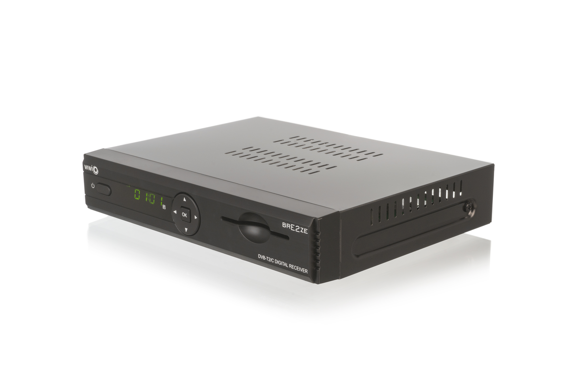 Ein schwarzer digitaler DVB-T2/C-Receiver mit einem Display, das 0101 anzeigt.