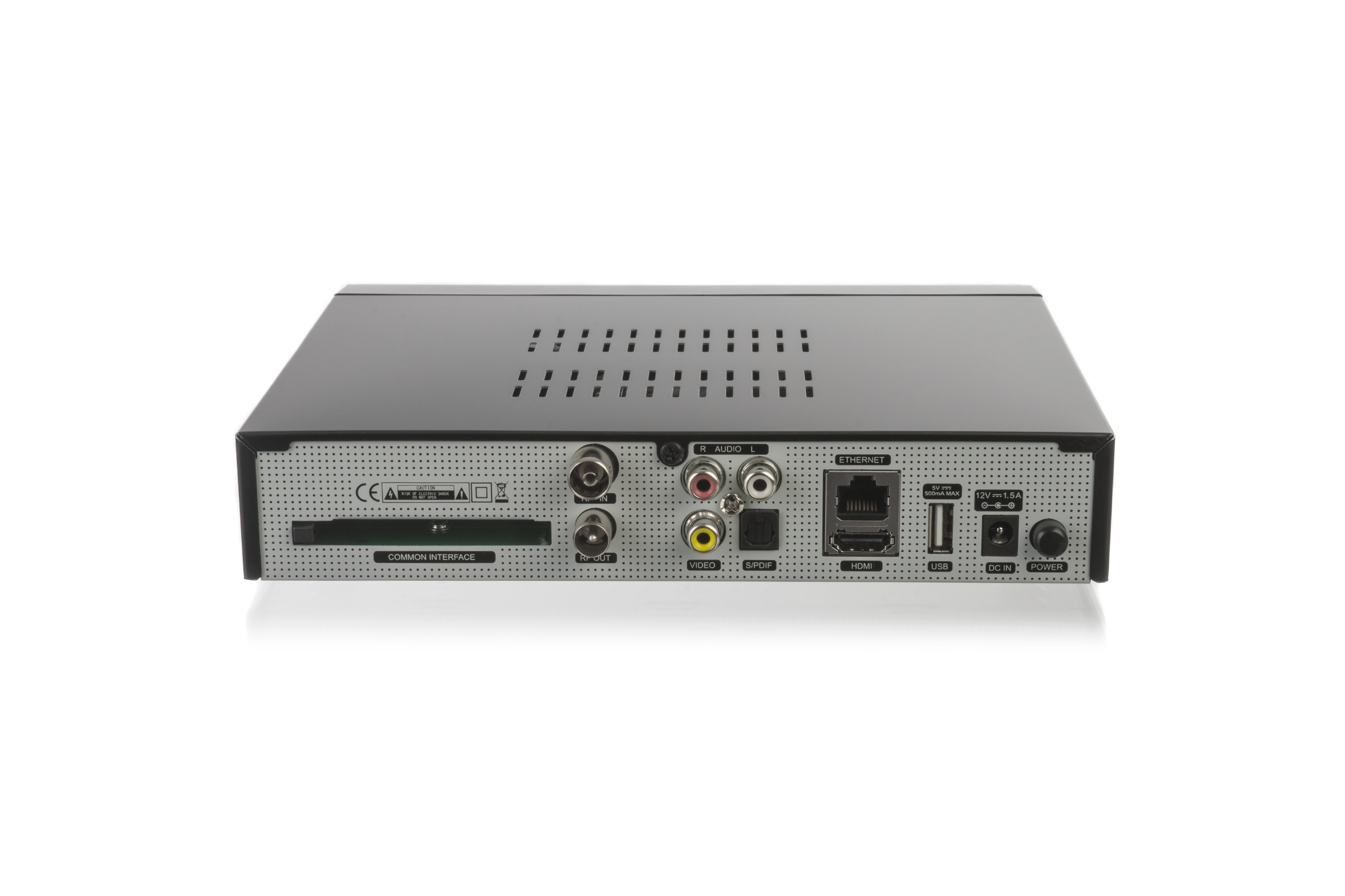 Rückseite eines schwarzen Receivers mit Anschlüssen: HDMI, USB, DC IN, Ethernet.