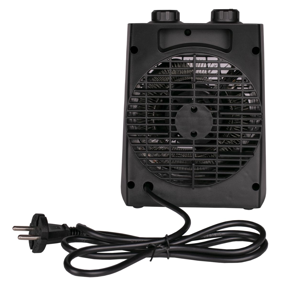 Schwarzer elektrischer Heizlüfter mit Ventilator und Netzkabel.