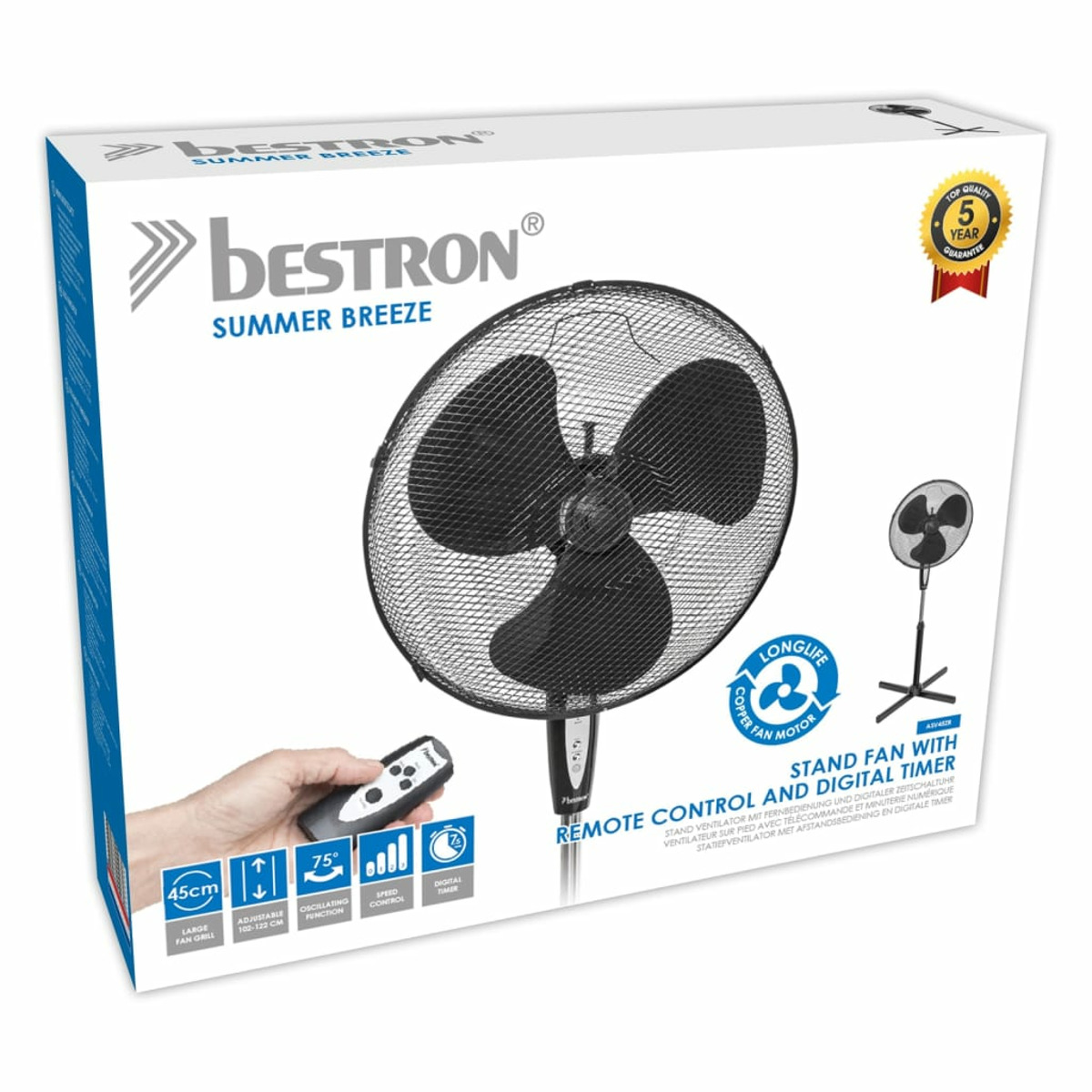 Biało-czarny wentylator stojący z pilotem. Tekst na pudełku: 'Summer Breeze'.
