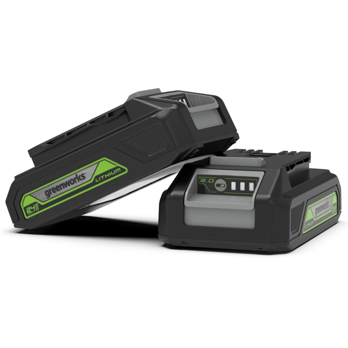 Zwei schwarze und grüne Batterien. Sie sind rechteckig mit grünen Etiketten.