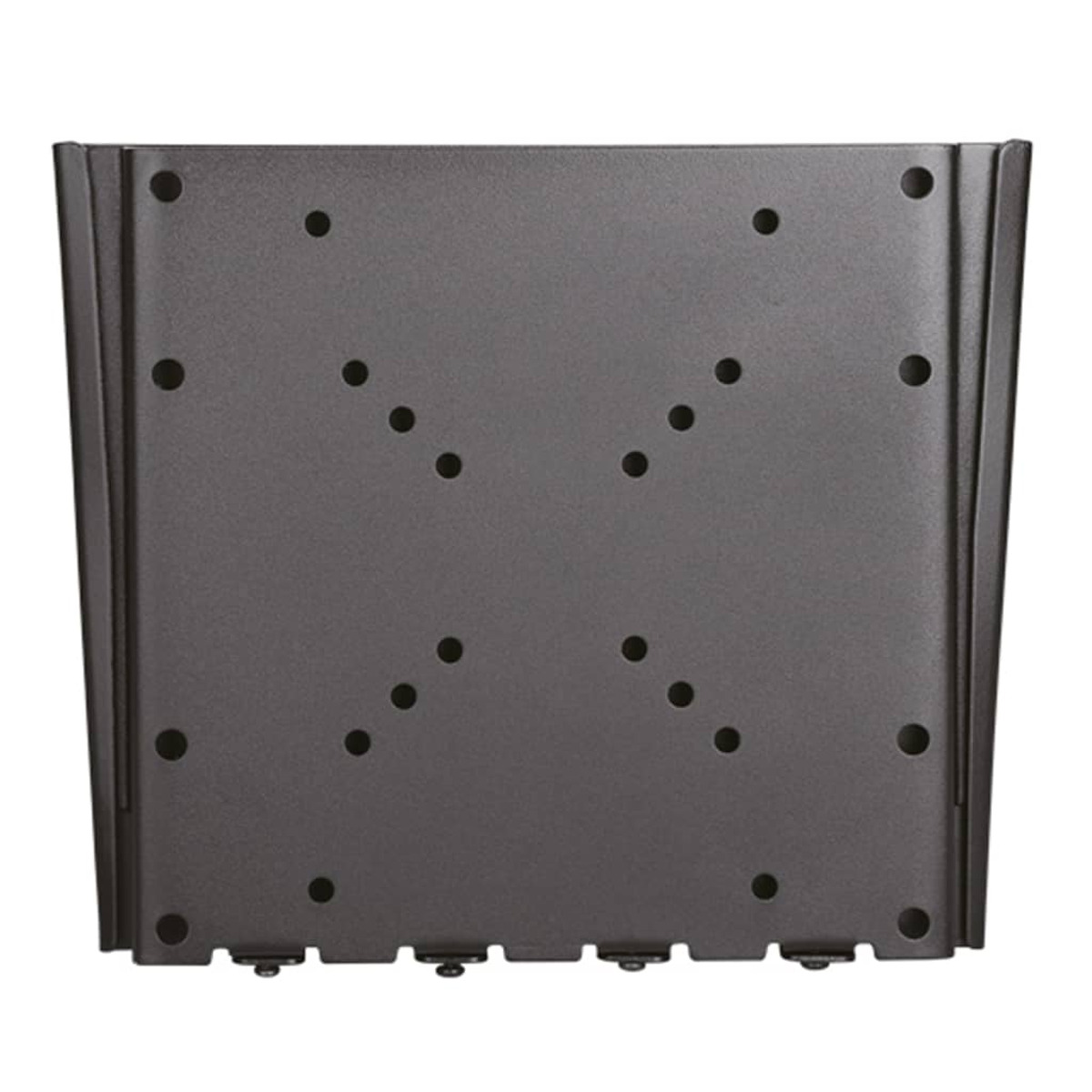 Soporte de pared para TV gris oscuro. Tiene muchos agujeros para tornillos y forma rectangular.