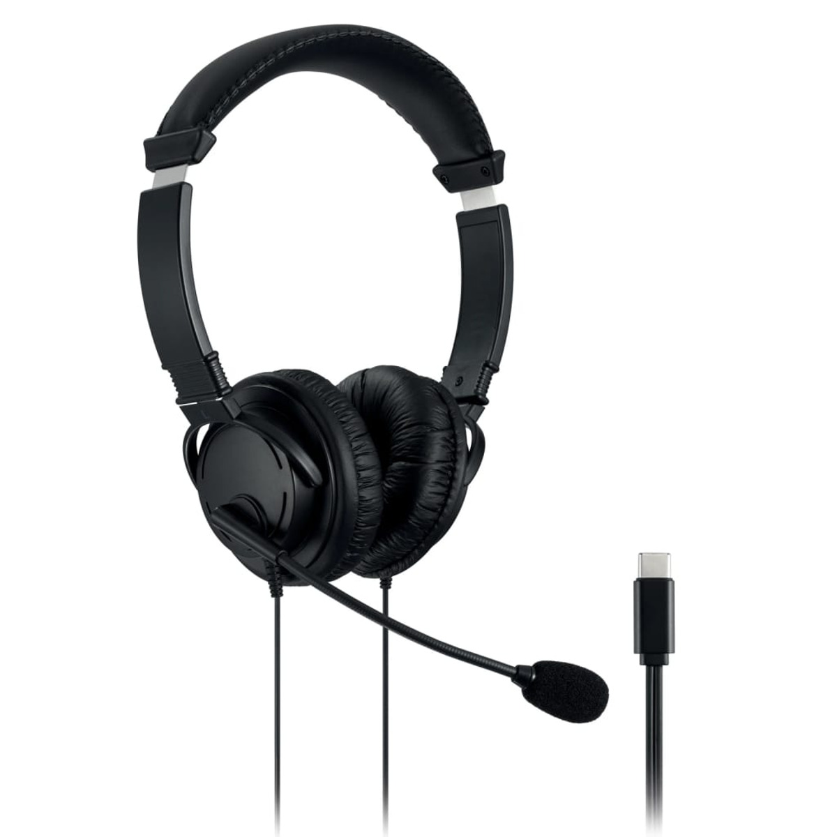 Auriculares negros con micrófono y conector USB-C sobre fondo blanco.