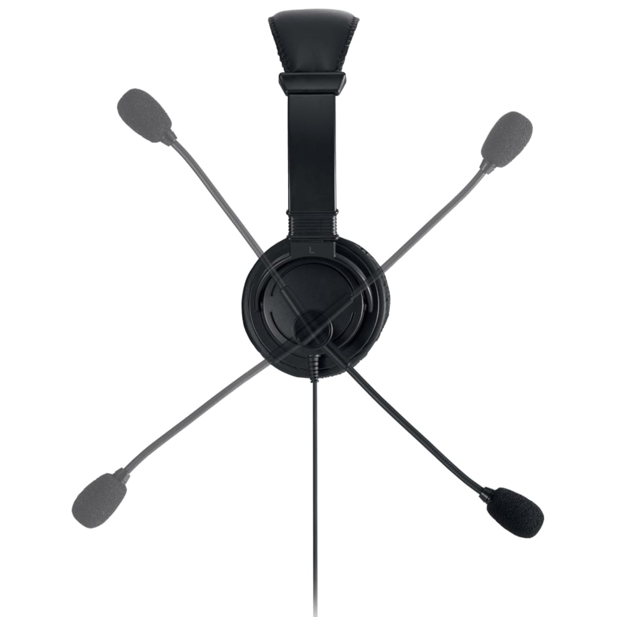 Auriculares negros con múltiples micrófonos apuntando en diferentes direcciones. Fondo blanco.