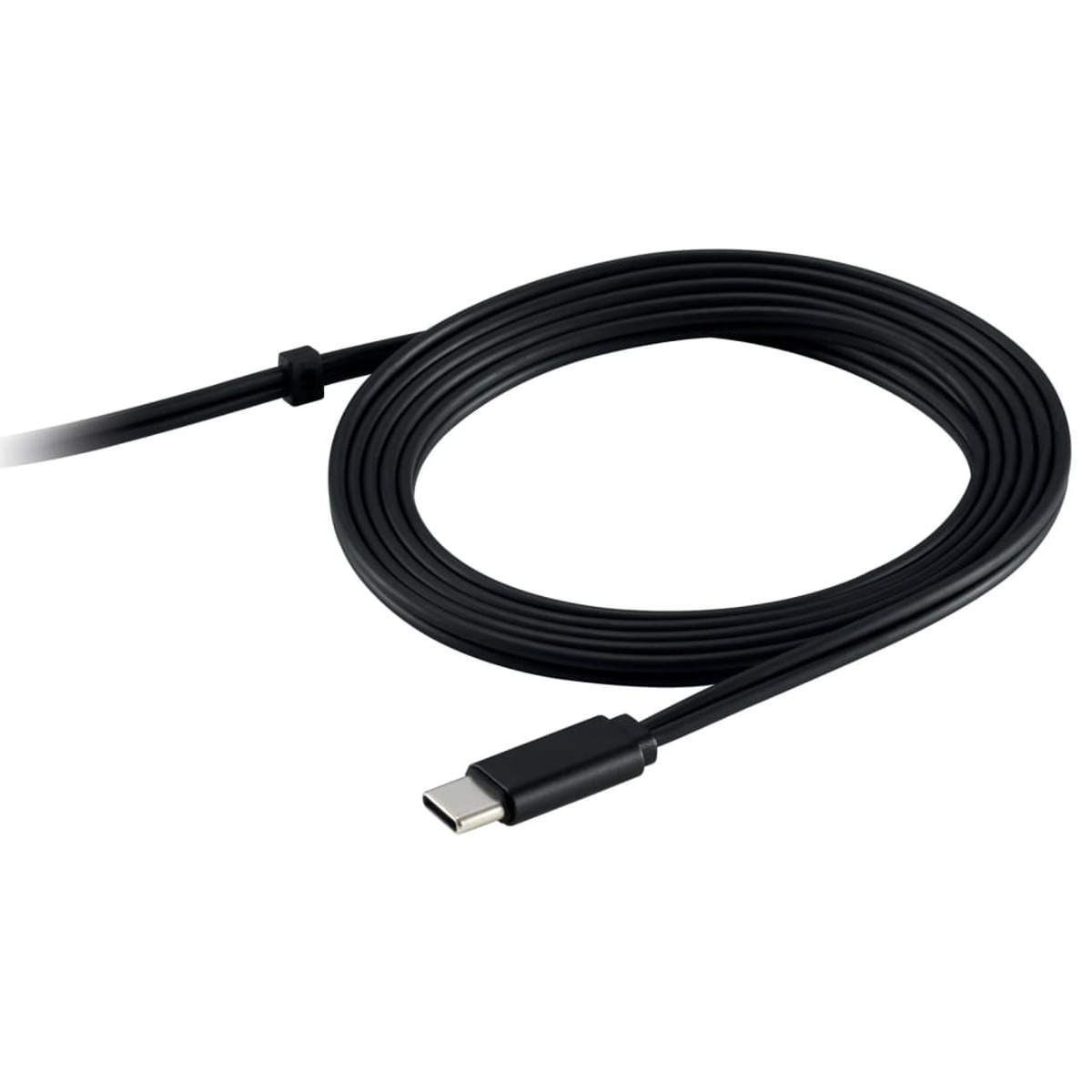 Un cable USB-C negro. Está enrollado yace sobre una superficie blanca.