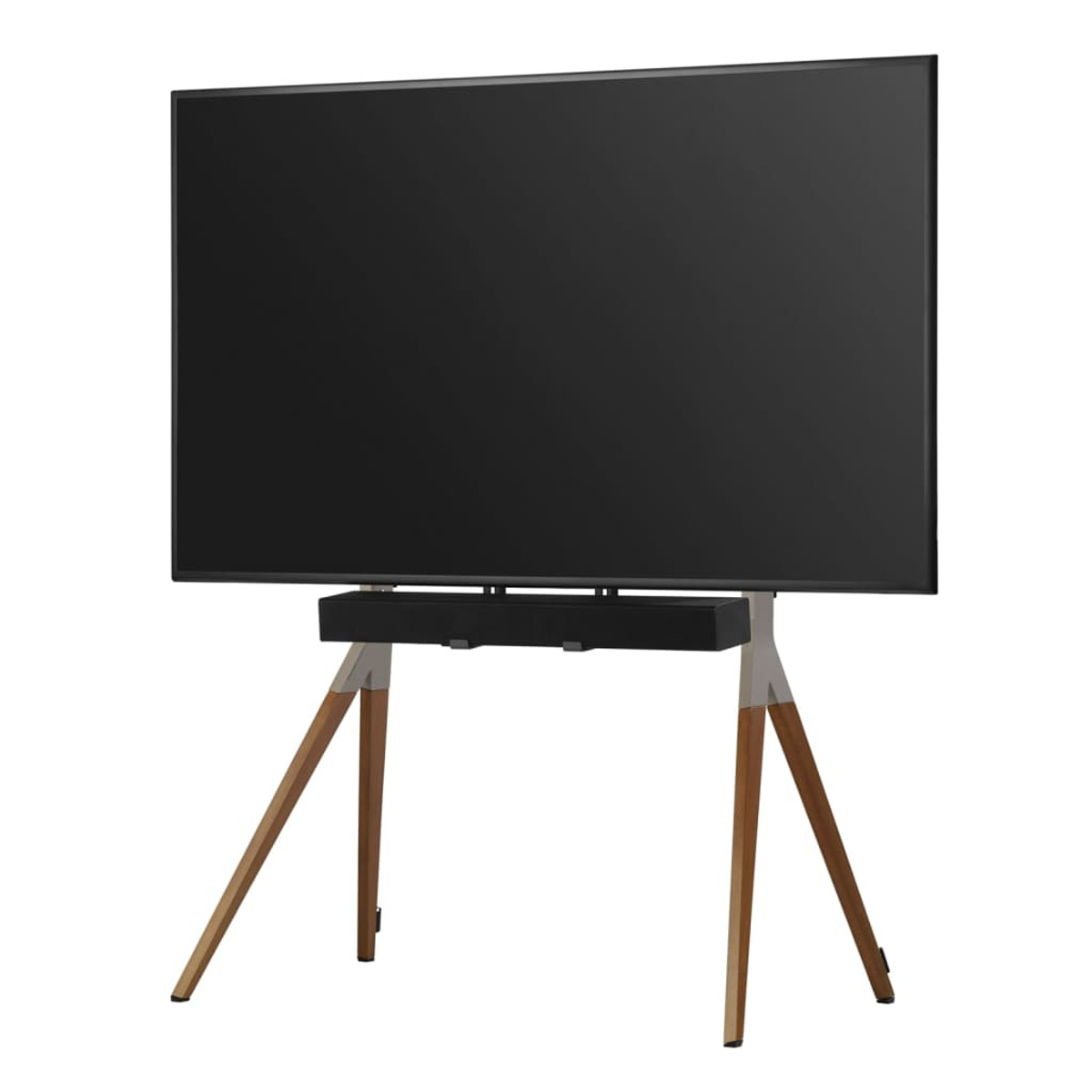 Ein schwarzer Fernseher auf einem Holzstativ, vor weißem Hintergrund.