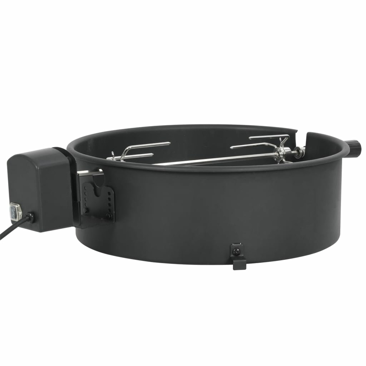 Schwarzer Metallgrill mit Motor und Drehspieß. Weißer Hintergrund.