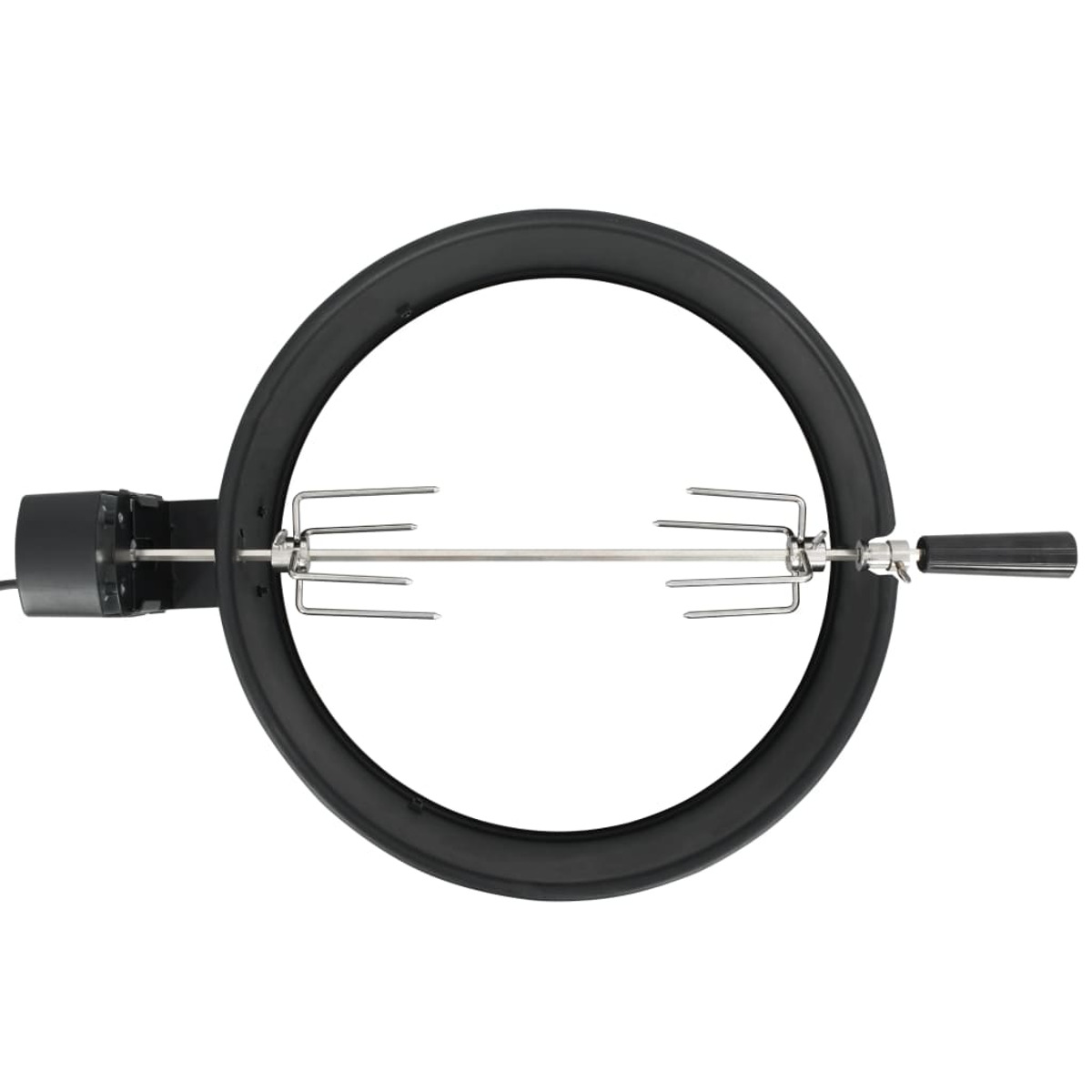 Ein schwarzes Drehspieß-Grillteil mit Motor und Drehspießgabeln, von oben gesehen.