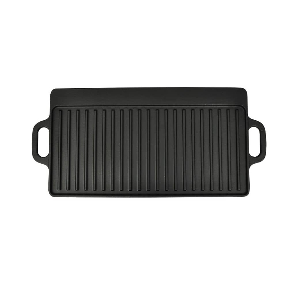 Schwarze Grillpfanne mit Rillen, mit Griffen an jeder Seite, isoliert auf weißem Grund.