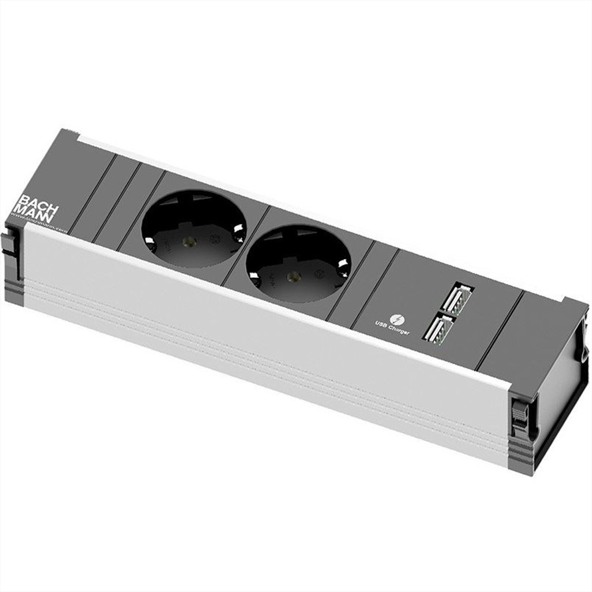 Listwa zasilająca z dwoma gniazdami i dwoma ładowarkami USB. Listwa jest szara i biała.